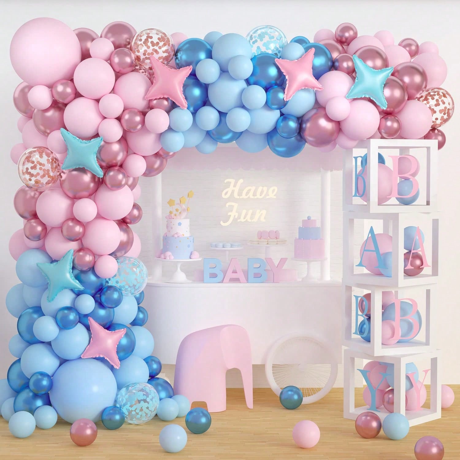 196pcs Gender Reveal Party Kit Blue Mauve Rose Gold Balloons Confetti Letters