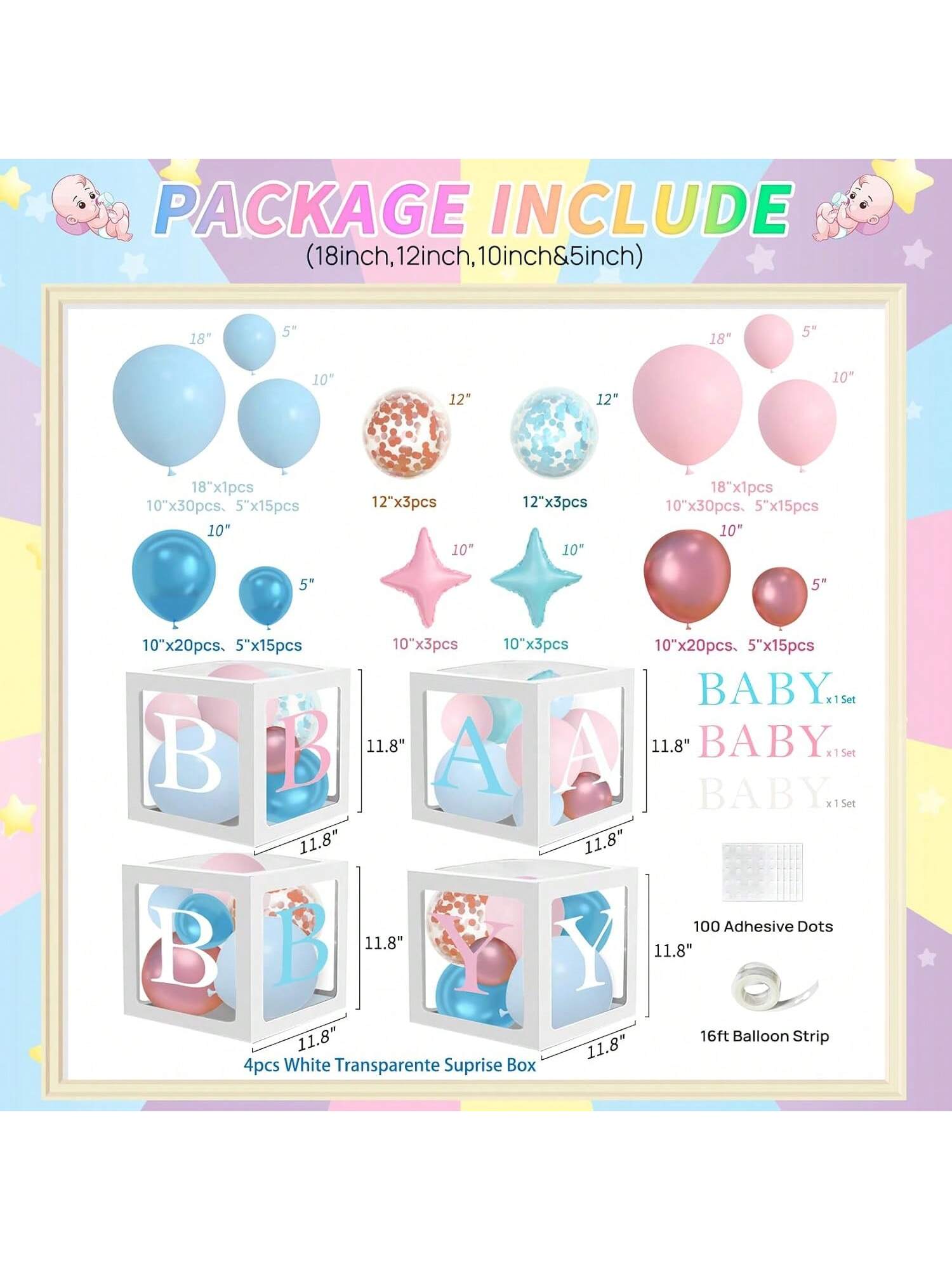 196pcs Gender Reveal Party Kit Blue Mauve Rose Gold Balloons Confetti Letters
