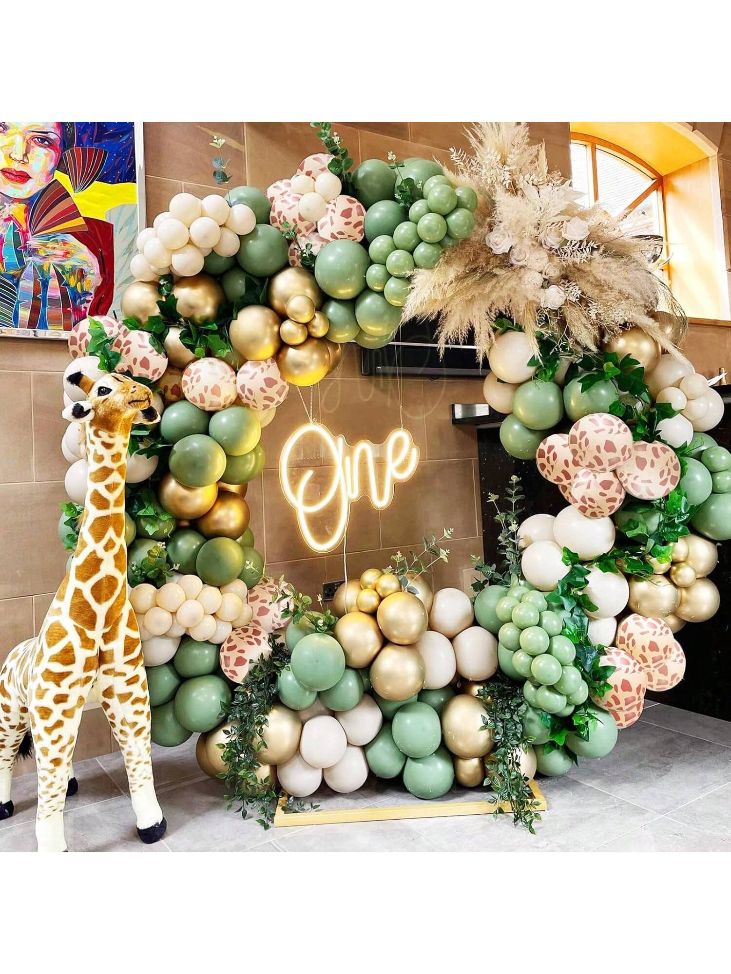 Sage Green Gold White Balloon Garland Kit with Jungle Giraffe Print for Parties