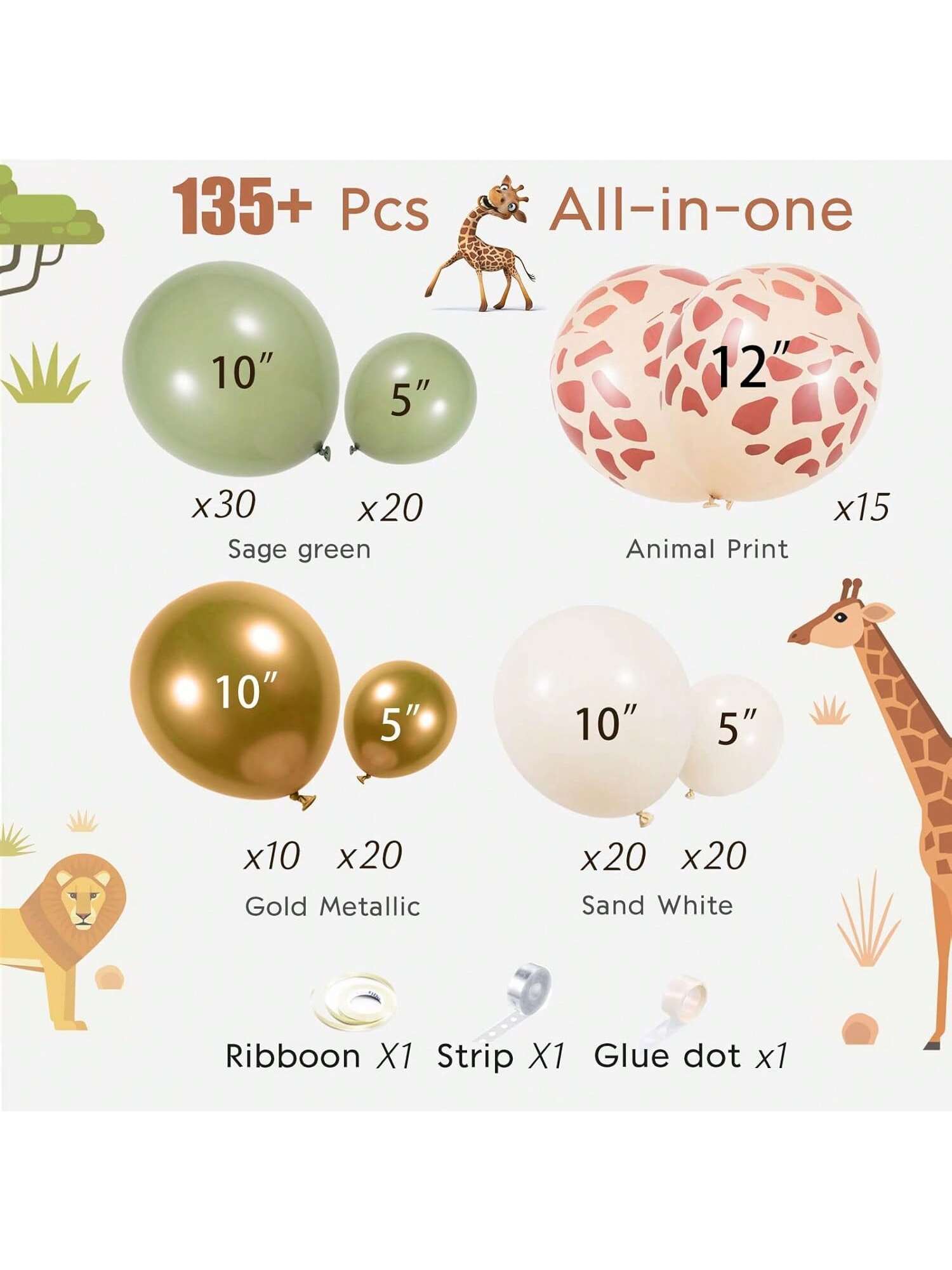Sage Green Gold White Balloon Garland Kit with Jungle Giraffe Print for Parties