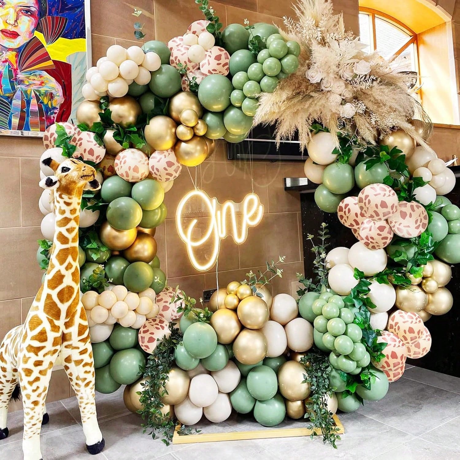 Sage Green Gold White Balloon Garland Kit with Jungle Giraffe Print for Parties