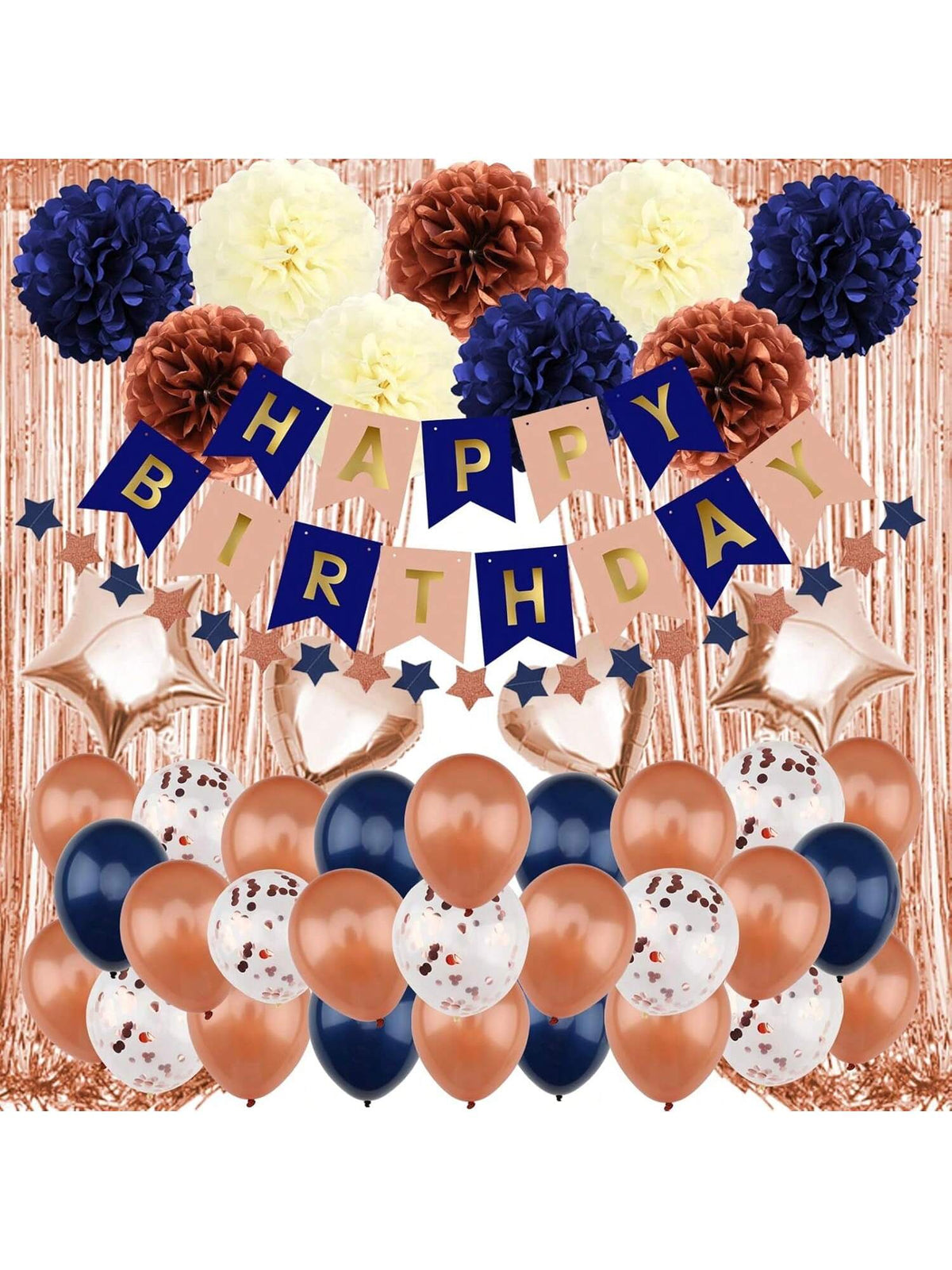 Navy Blue Rose Gold Birthday Decorations with Banner Pompoms and Balloons