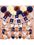 Navy Blue Rose Gold Birthday Decorations with Banner Pompoms and Balloons