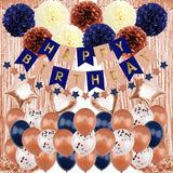 Navy Blue Rose Gold Birthday Decorations with Banner Pompoms and Balloons