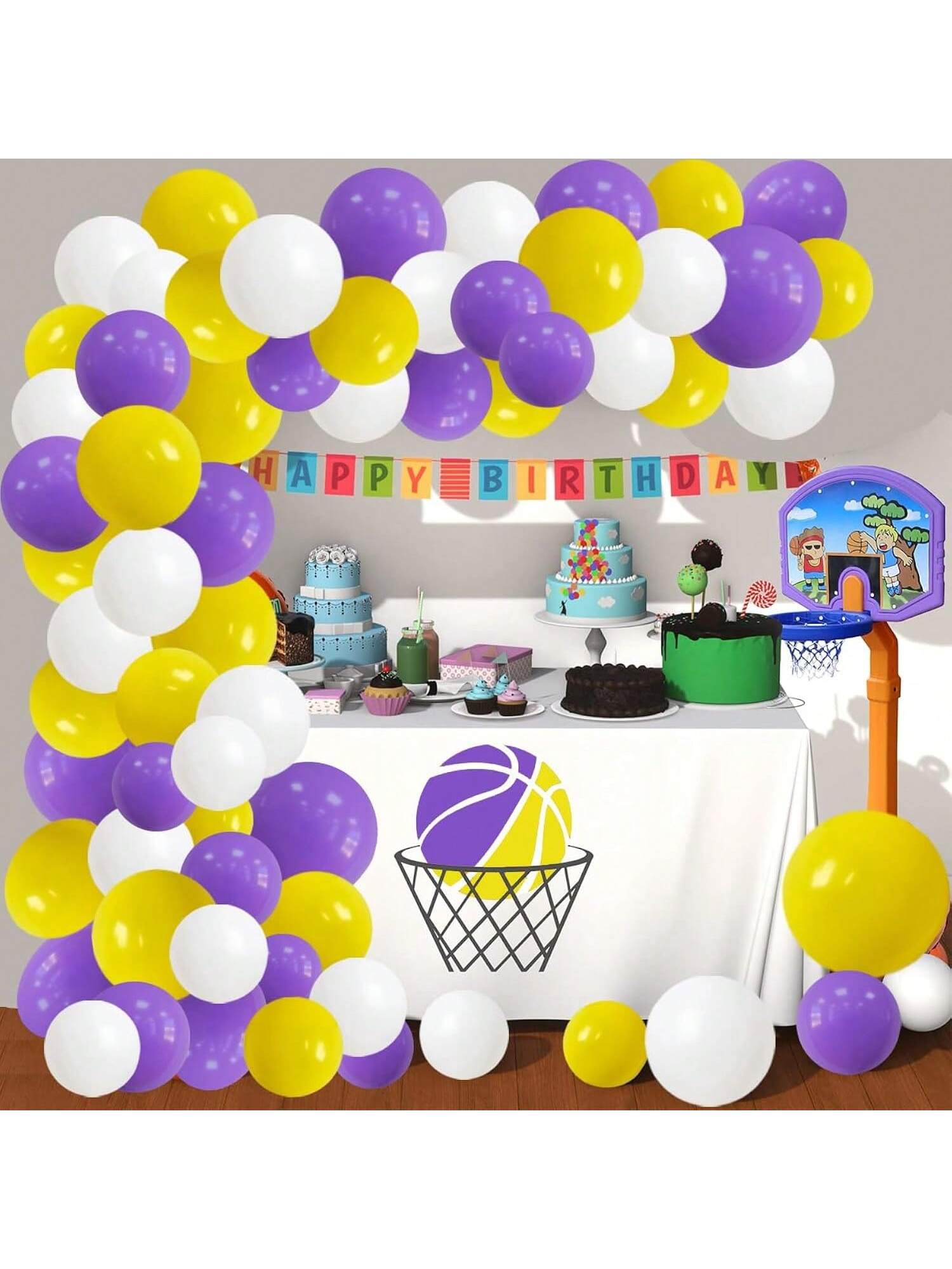 Purple And Yellow White Balloon Garland Arch Kit - 122Pcs Yellow Purple White Balloons For Purple Birthday Wedding Anniversary Bridal Shower Retirement Basketball Party Decoration-