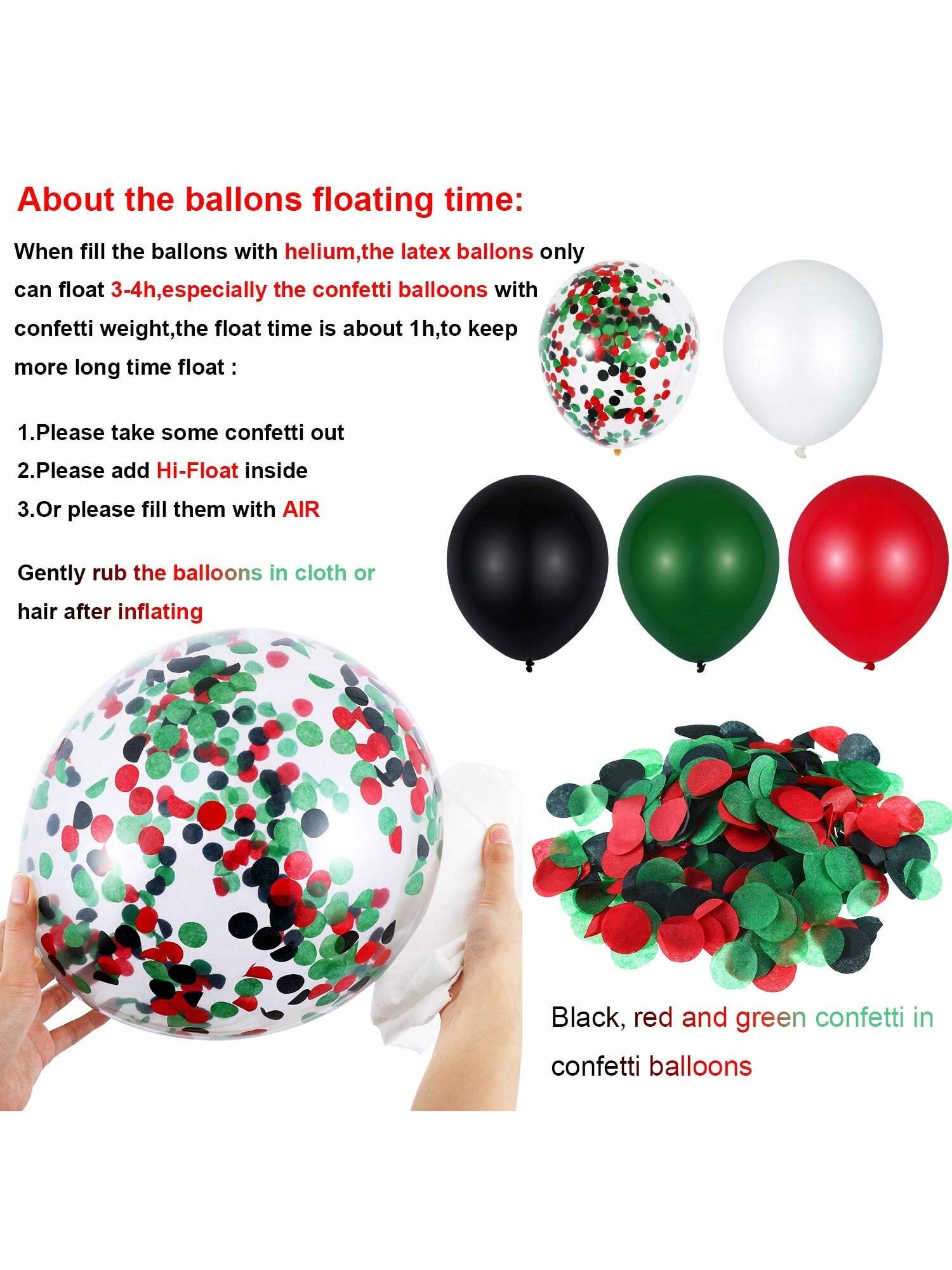 60pcs Red Black Green Balloons 12" with White Green Confetti for Forest Party