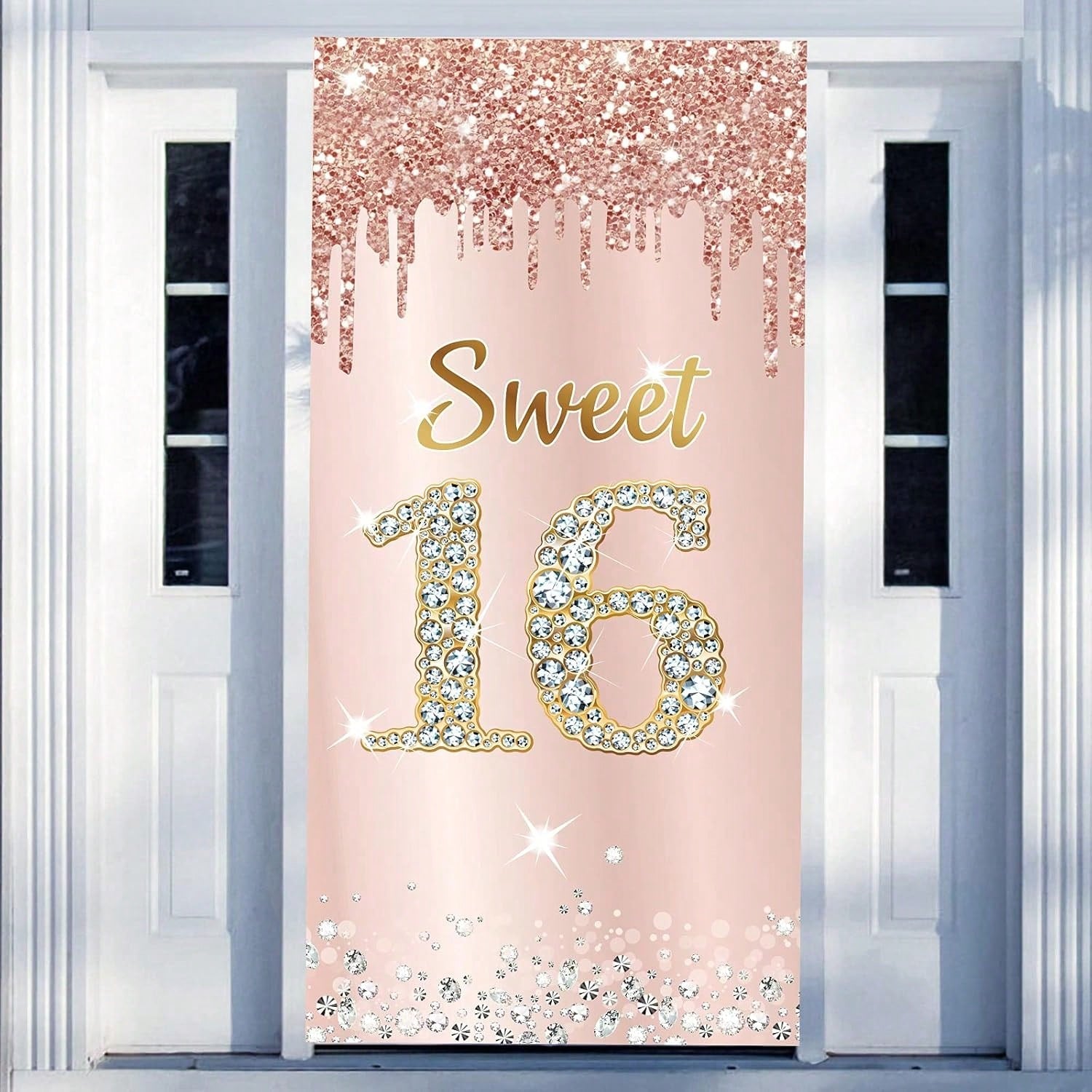 Sweet 16 Birthday Door Banner Pink Rose Gold Party Decor