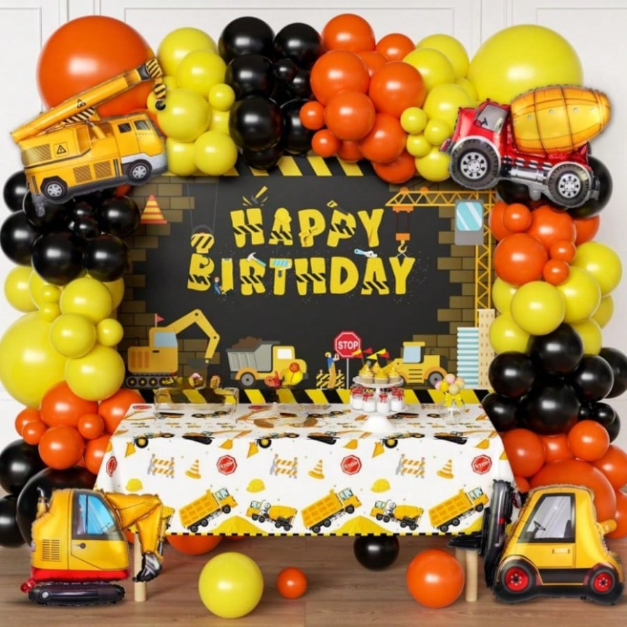 Construction Party Supplies Set Dump Truck Balloon Arch Garland Backdrop Tablecloth