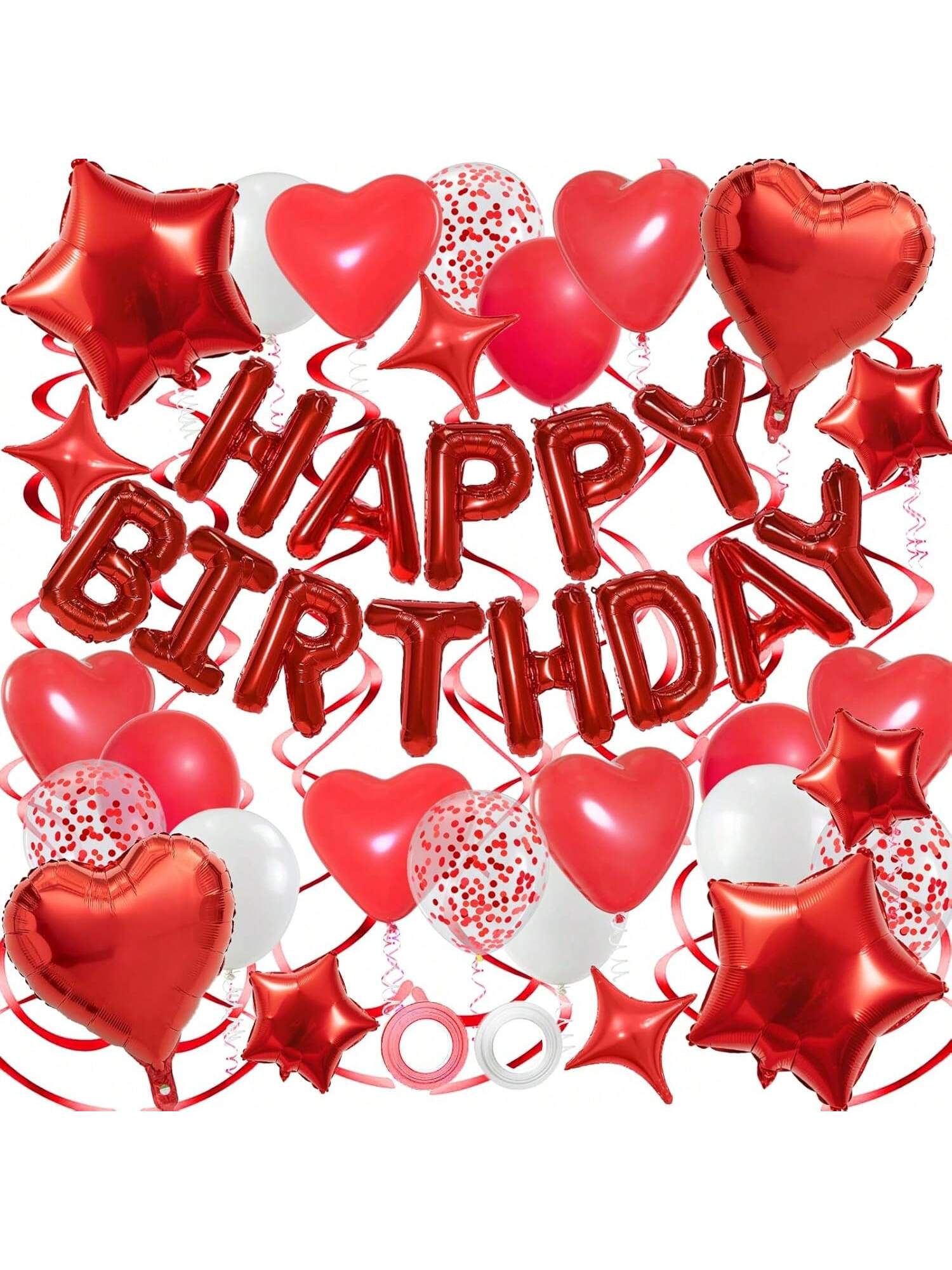 3D Red Happy Birthday Balloon Set with Stars, Hearts & Swirls Decor