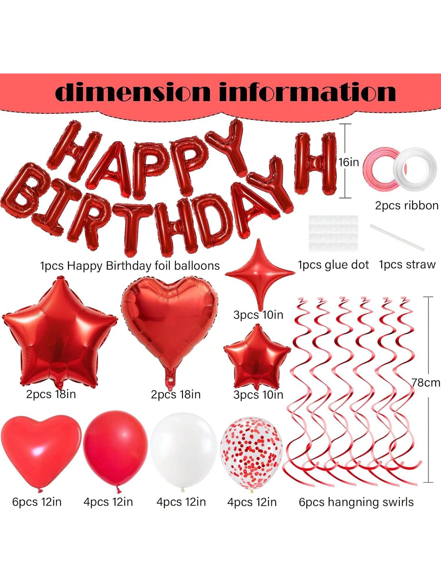 3D Red Happy Birthday Balloon Set with Stars, Hearts & Swirls Decor