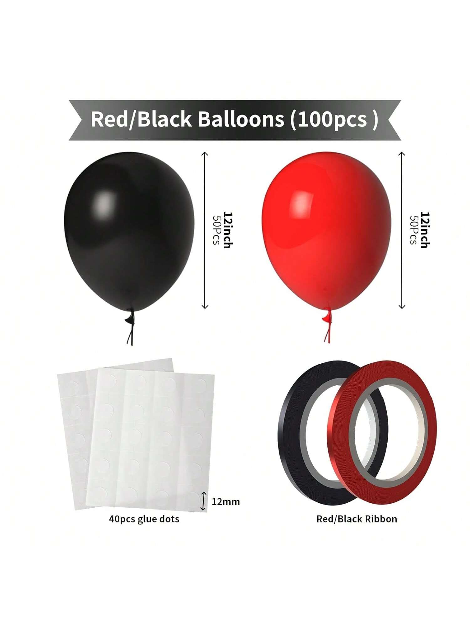 100PCS Red Black 12 Inch Latex Balloons for Birthday Wedding Party Decor