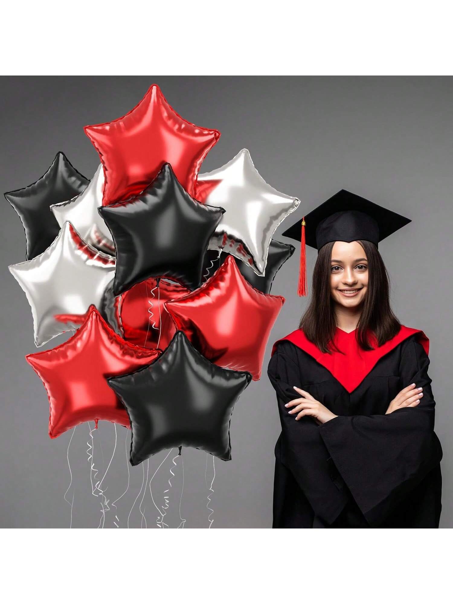 18" Black Red Silver Star Foil Balloons 12PCS Birthday Casino Party Decor