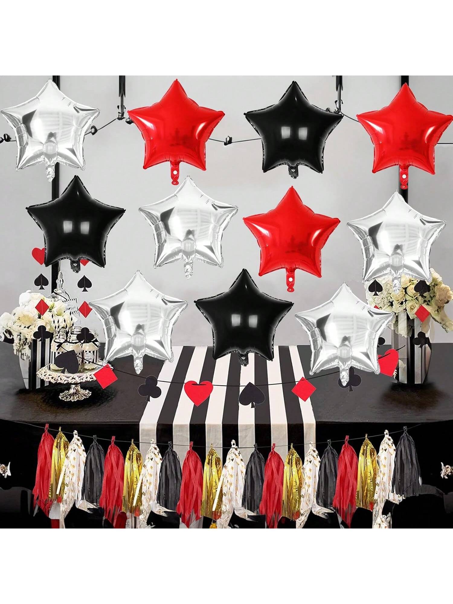 18" Black Red Silver Star Foil Balloons 12PCS Birthday Casino Party Decor