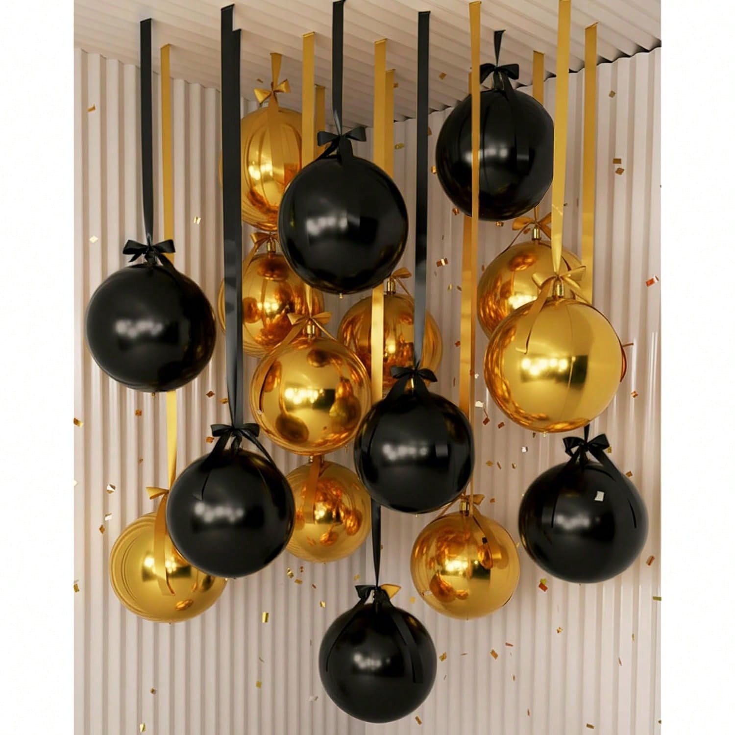 30 Piece Set Of 22 Inch Black And Gold 4D Metallic Christmas Balloons With Satin Bows Ideal For Ceilings Holiday Decor New Year Birthdays And Weddings -