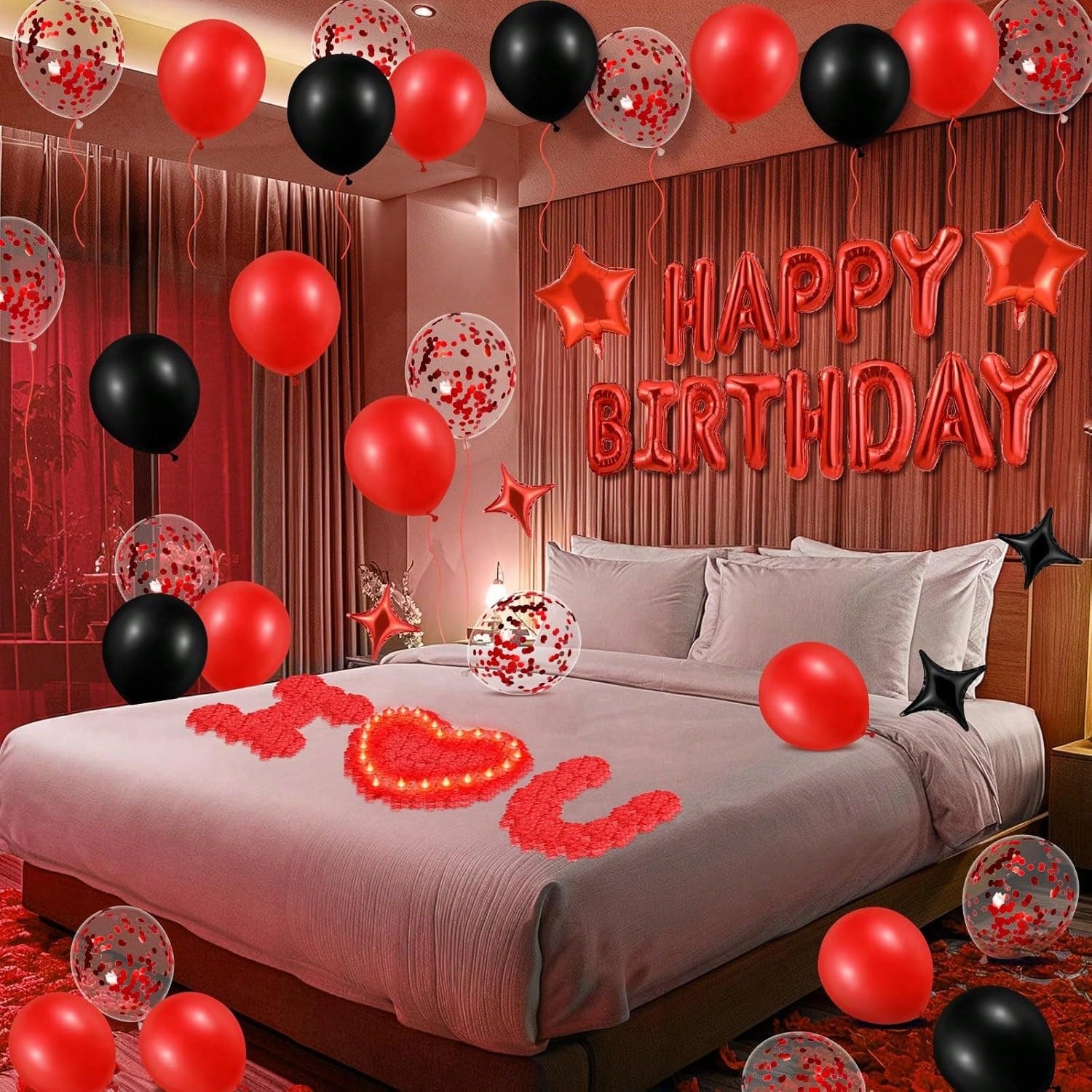 Red Black Happy Birthday Balloon Set with Banner Star Balloons Rose Petals LED