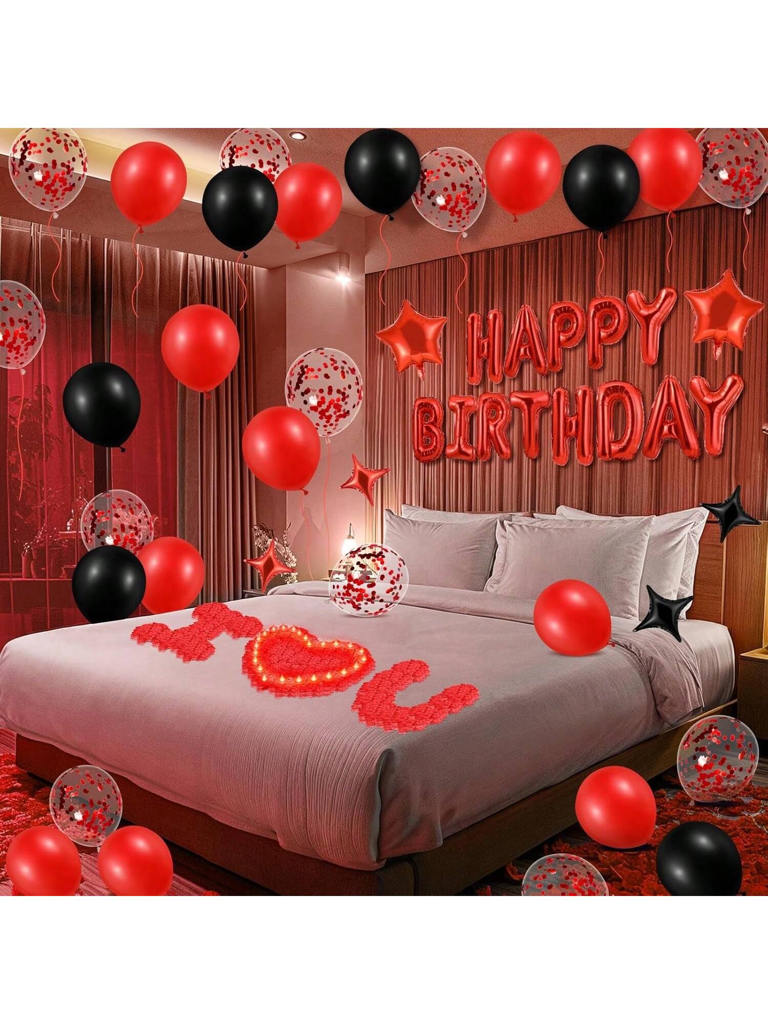 Red Black Happy Birthday Balloon Set with Banner Star Balloons Rose Petals LED