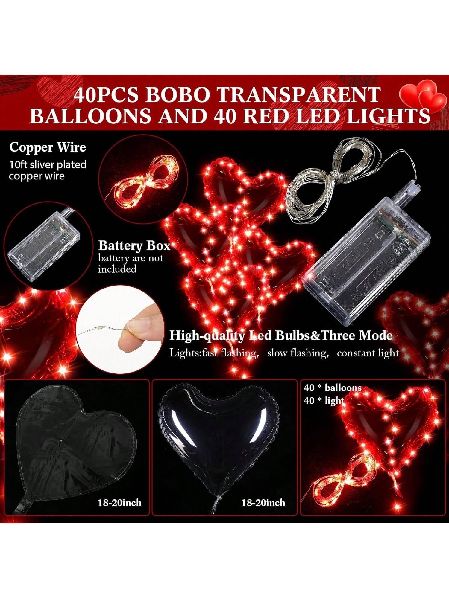 30 Clear 18in Heart LED Bobo Balloons with String Lights for Parties