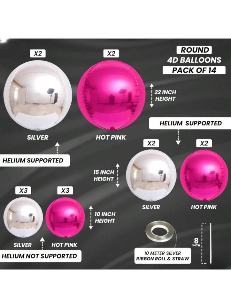 14-Pack 22-Inch Hot Pink and Silver Foil Balloons for Party and Birthday Decor