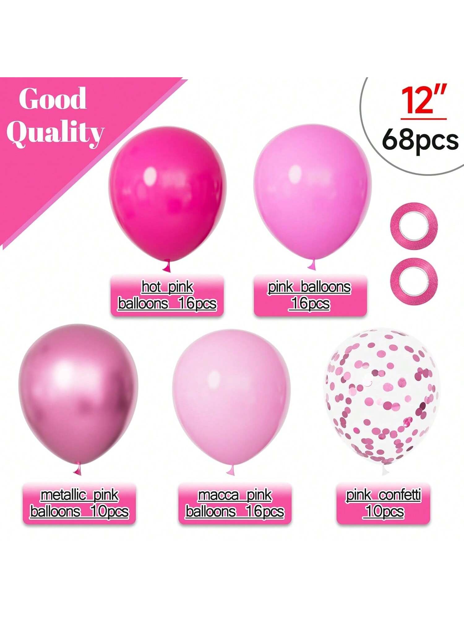 68-Piece Pink Balloon Kit 12 Inch Metallic and Confetti for Party Decor