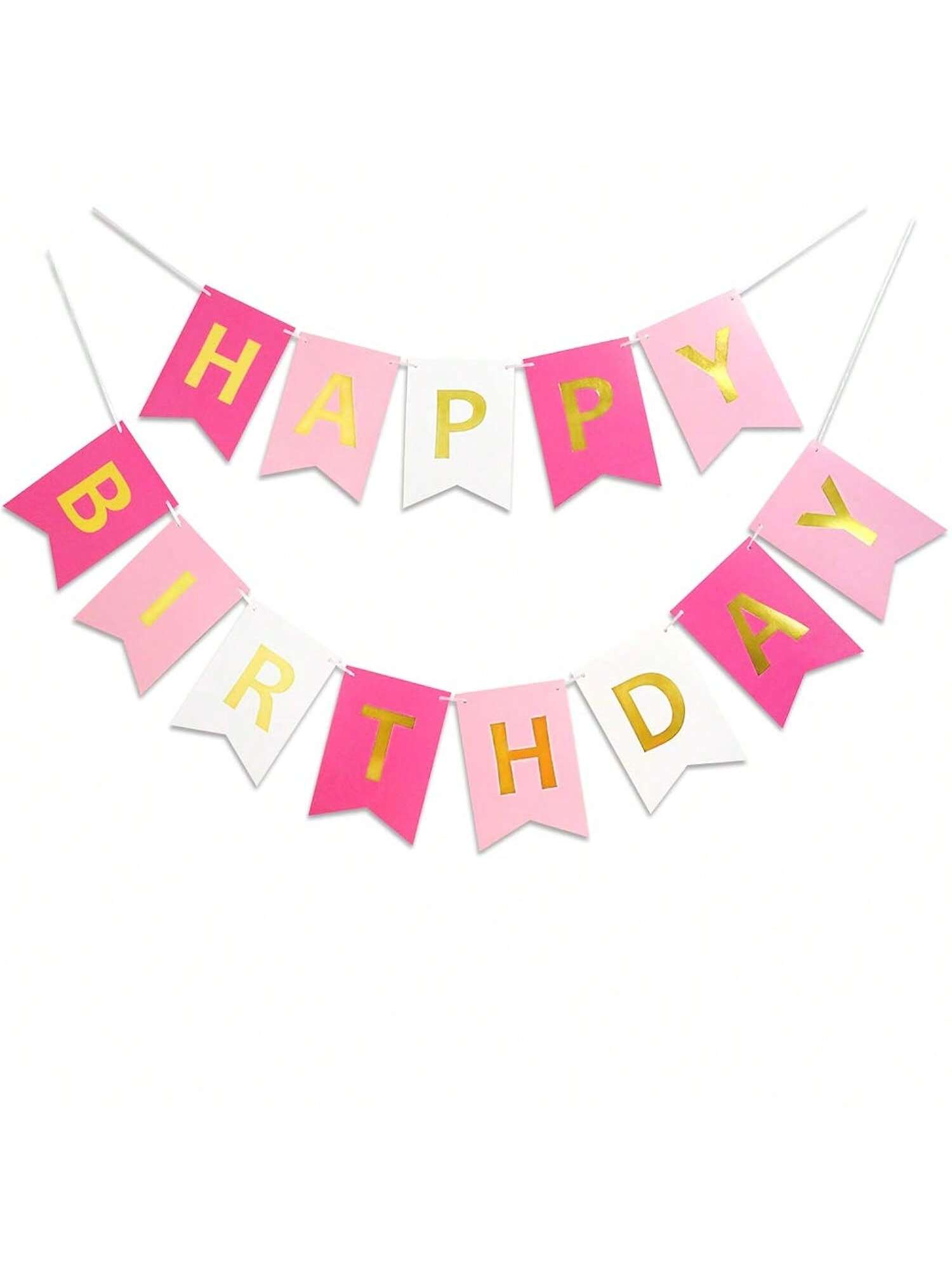 13-Piece Rose Pink Happy Birthday Banner with Gold Letters for Parties