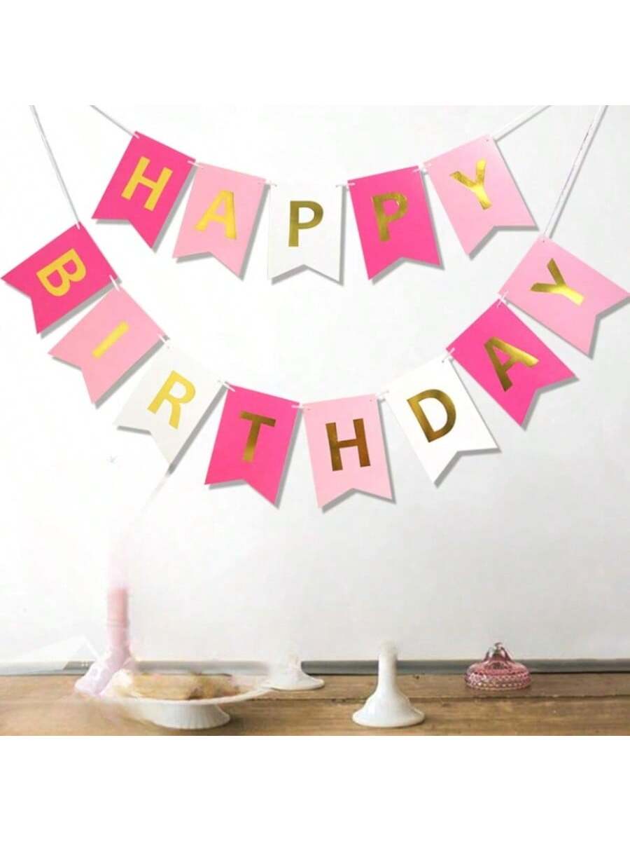 13-Piece Rose Pink Happy Birthday Banner with Gold Letters for Parties
