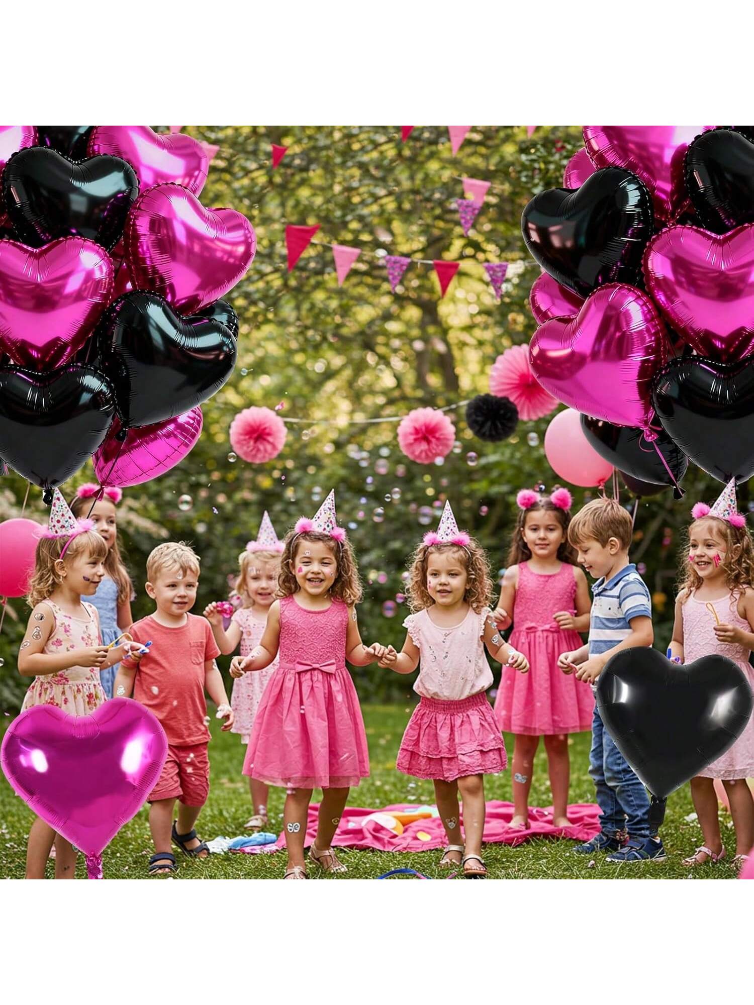 30 Pc 18 Inch Black and Hot Pink Heart Foil Balloons for Parties and Celebrations