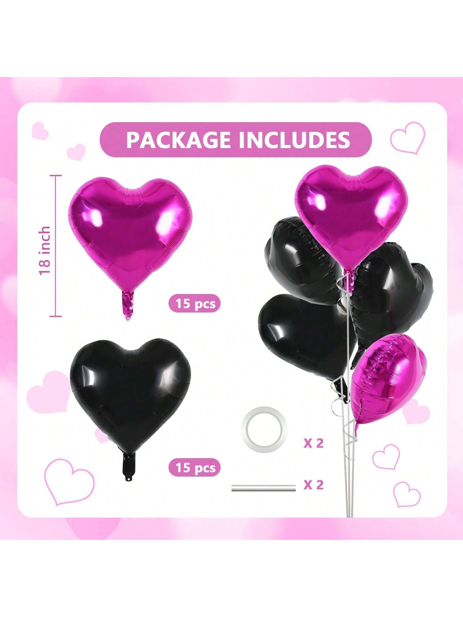 30 Pc 18 Inch Black and Hot Pink Heart Foil Balloons for Parties and Celebrations