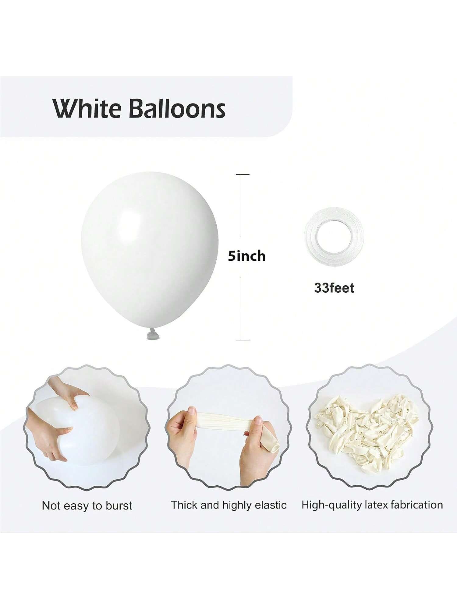 120pc 5in White Latex Balloons with Ribbon for Parties and Weddings