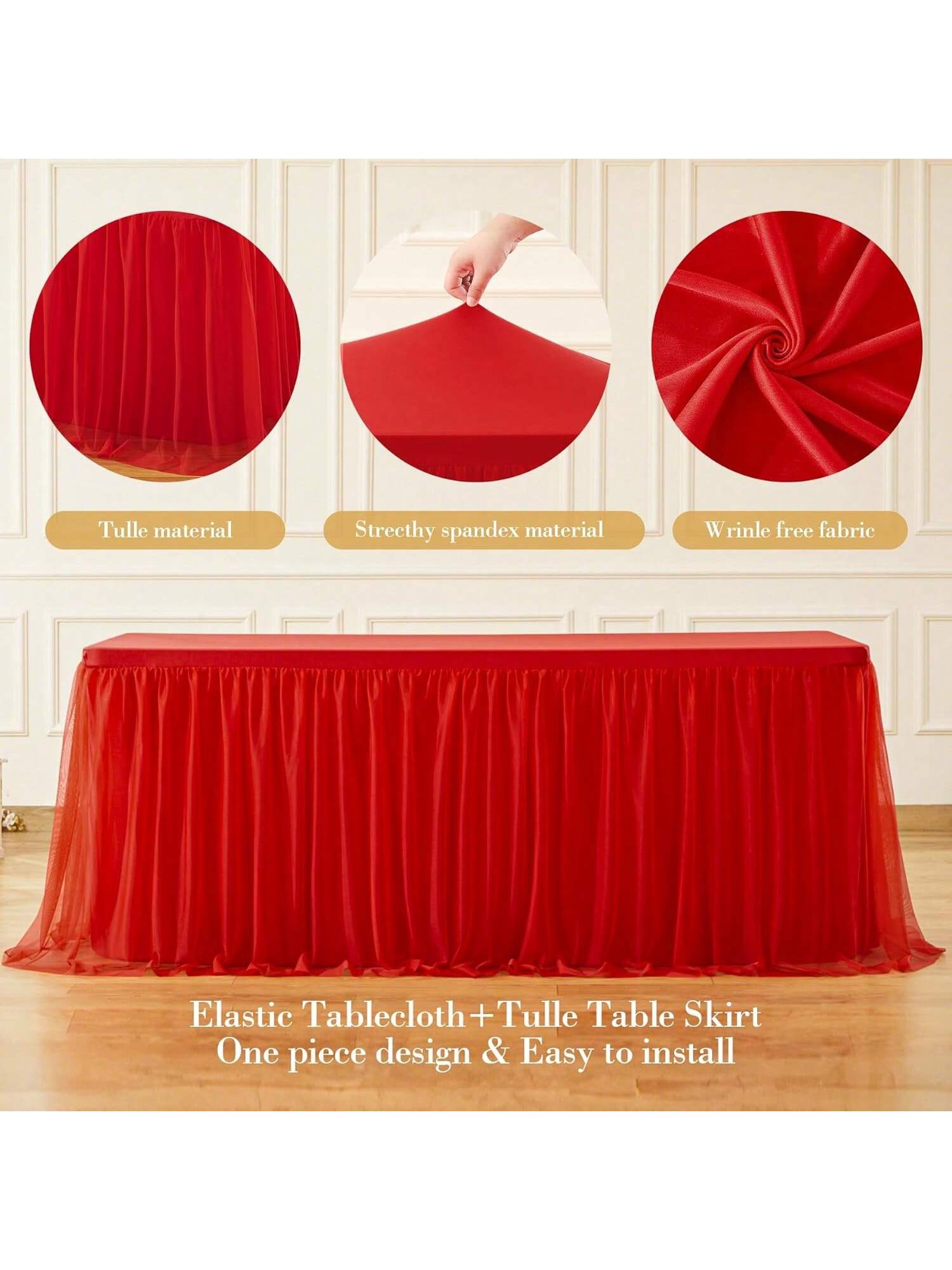 Red Tulle Tablecloth 6ft Rectangular with Tutu Skirt for Parties and Weddings