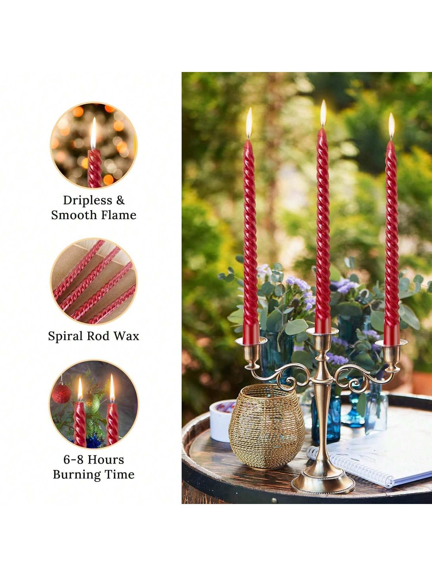 12pcs 10in Burgundy Spiral Taper Candles Unscented Dripless for Weddings & Holidays
