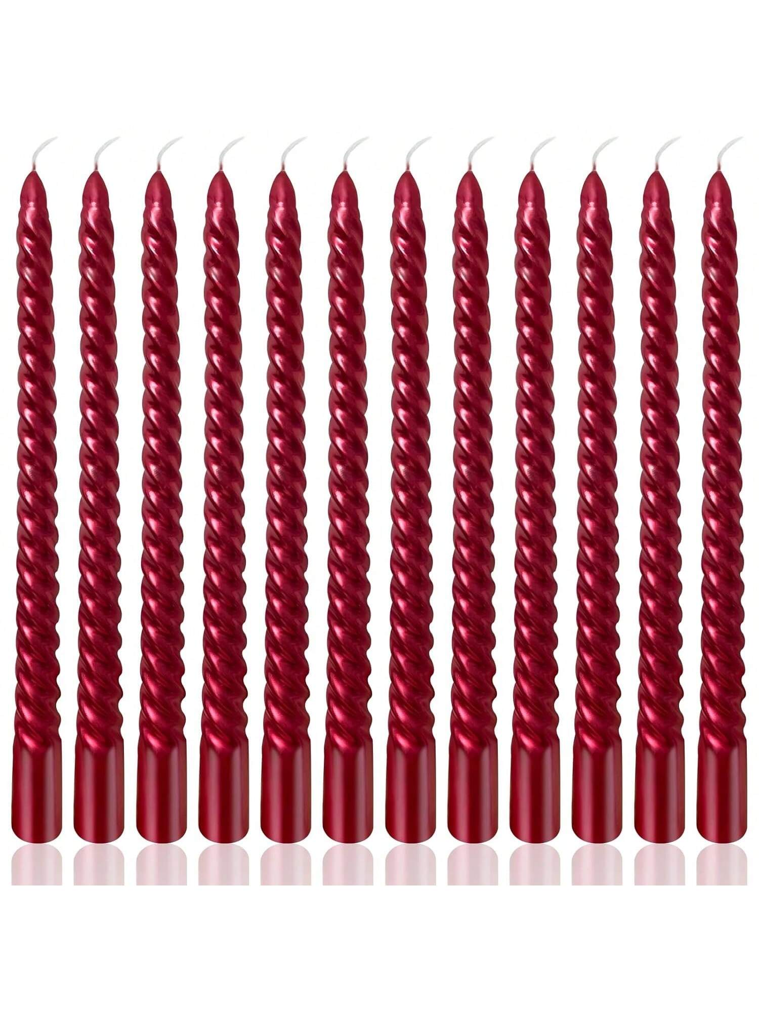 12pcs 10in Burgundy Spiral Taper Candles Unscented Dripless for Weddings & Holidays