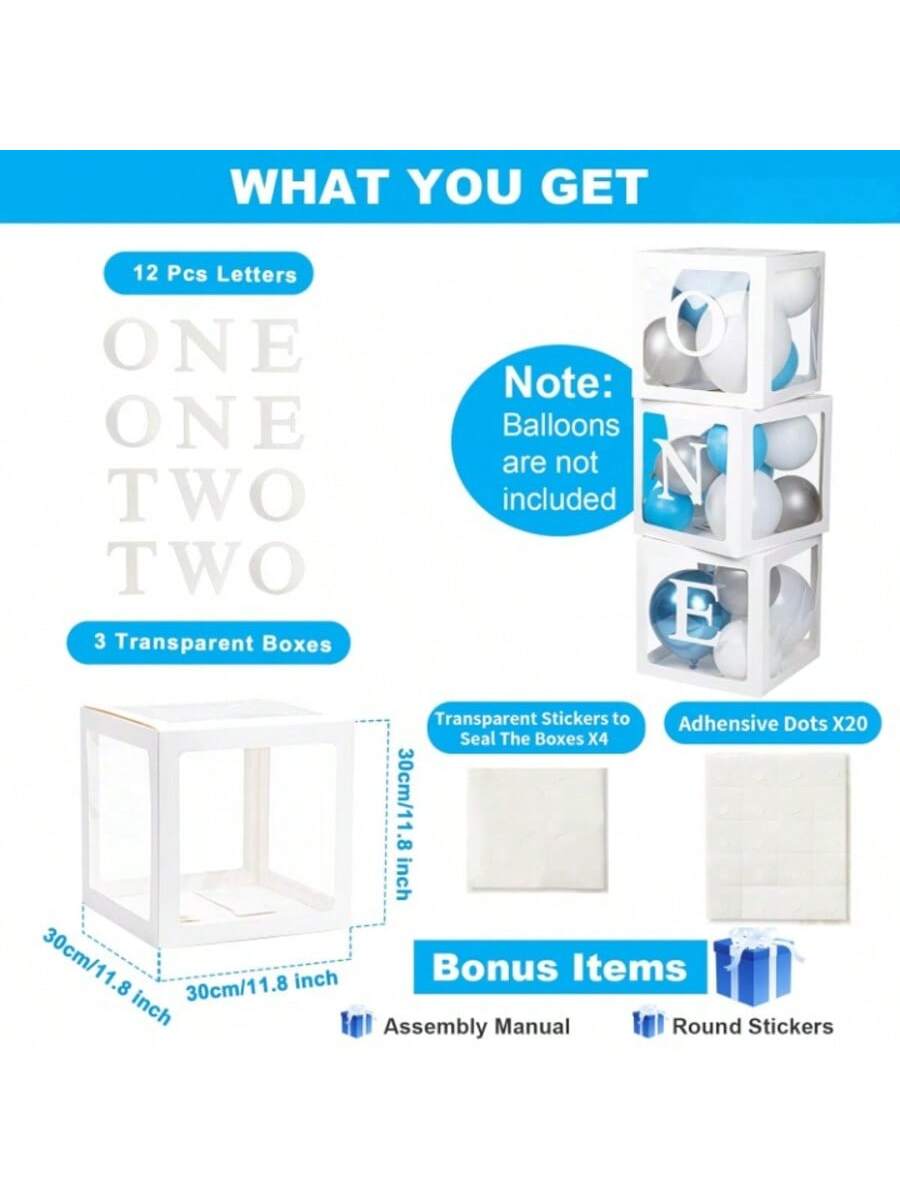 First Birthday 3PCS Balloon Boxes Clear Blocks Party Decor Photoshoot Props
