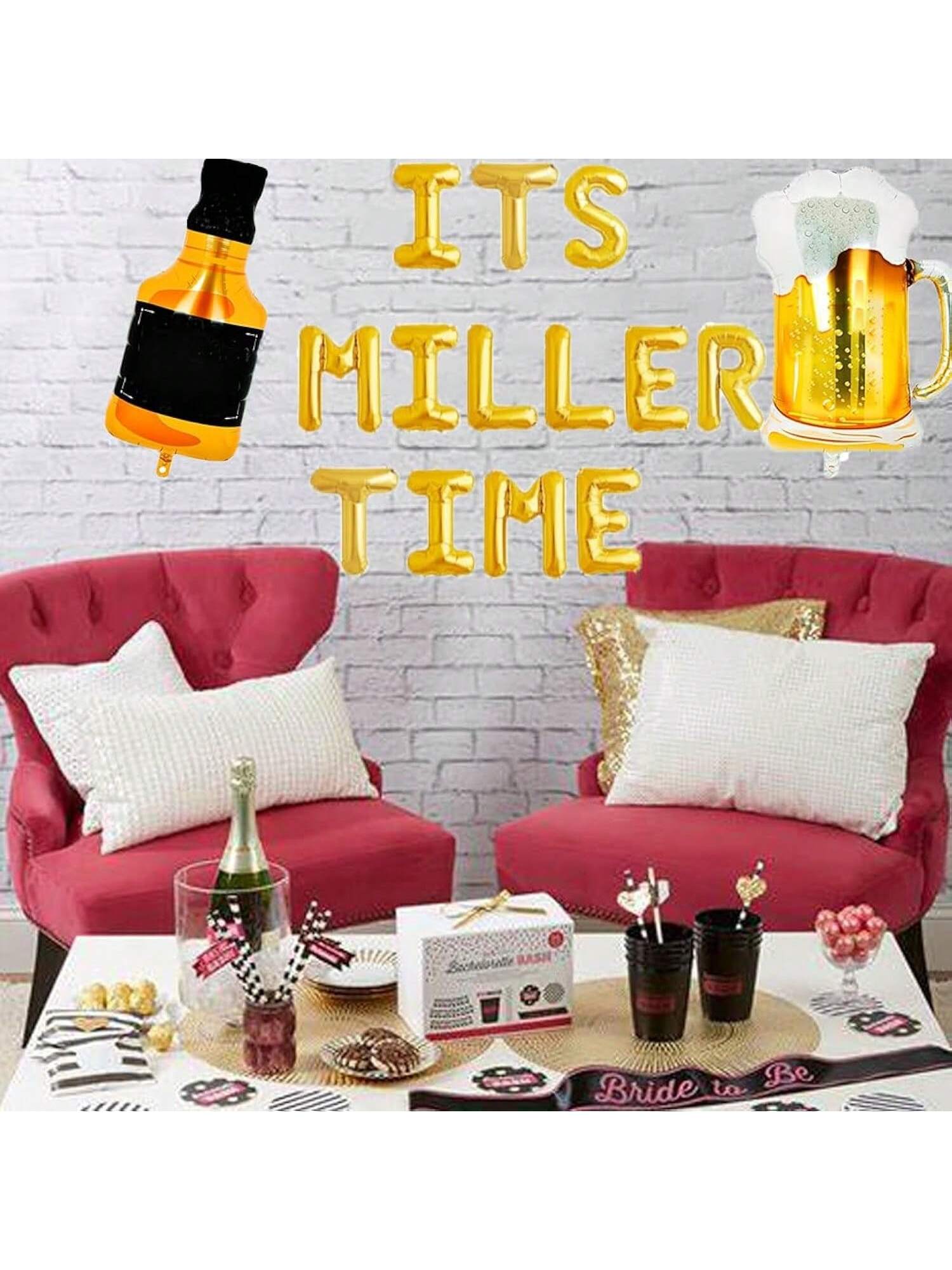 Its Miller Time Gold Beer Balloon with Party Banner for Birthday & Beer Party