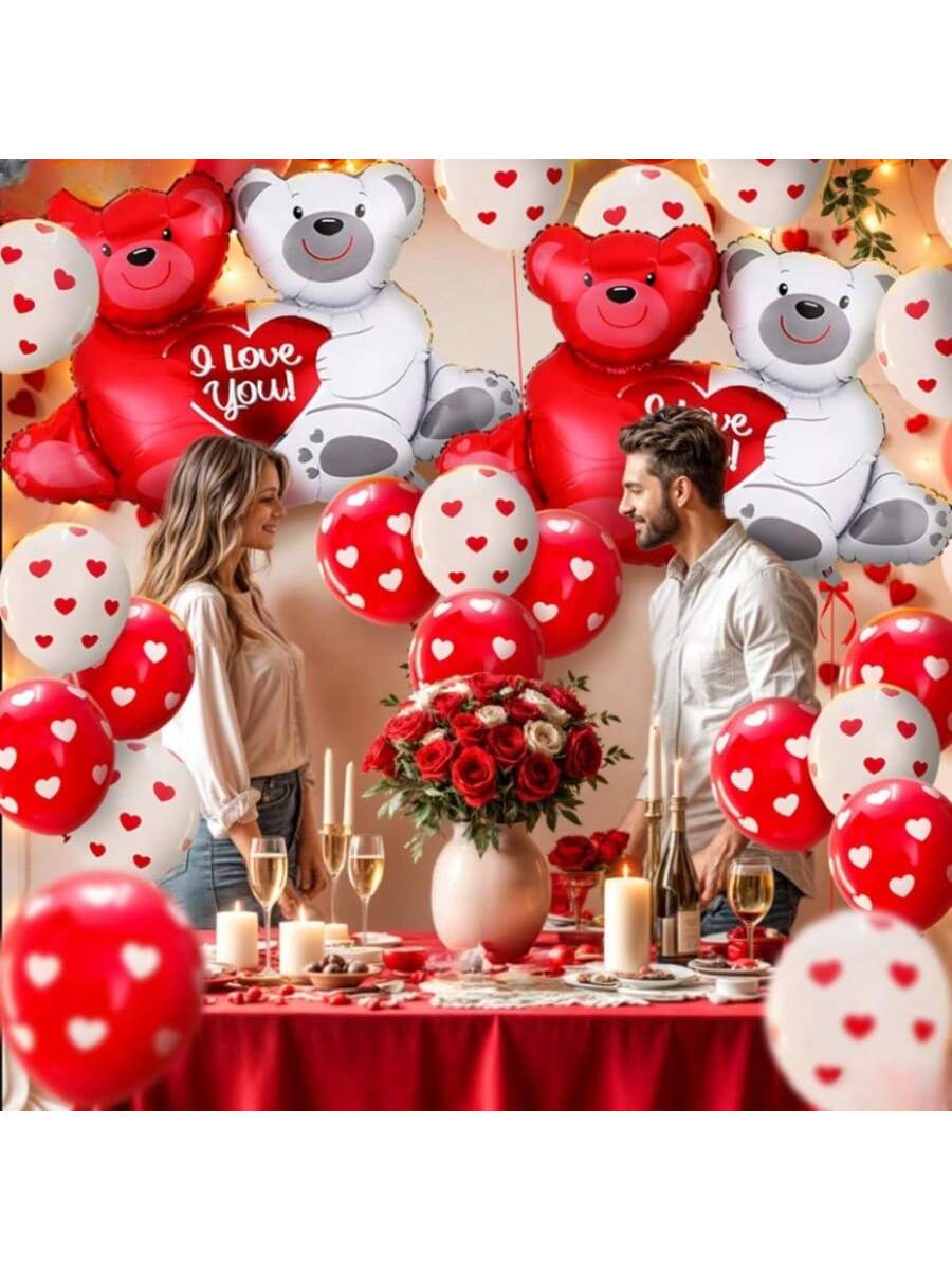 24pcs 40in I Love You Teddy Balloons with Red White Hearts for Romantic Decor
