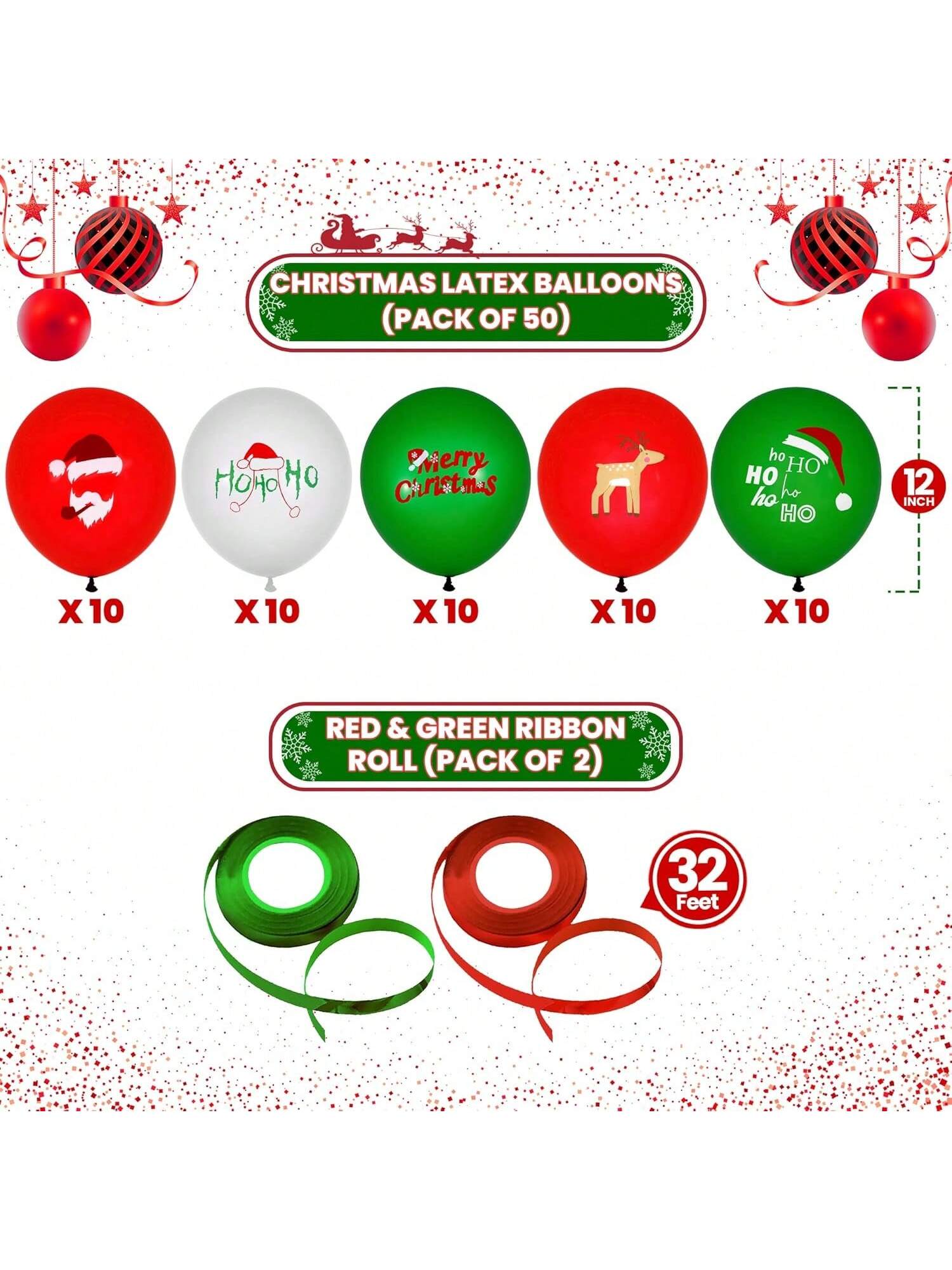 50PCS Reindeer Christmas Latex Balloons Red & Green 12 Inch Party Decor