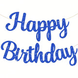 Blue Happy Birthday Pre-Strung Glitter Banner for Kids and Adult Parties