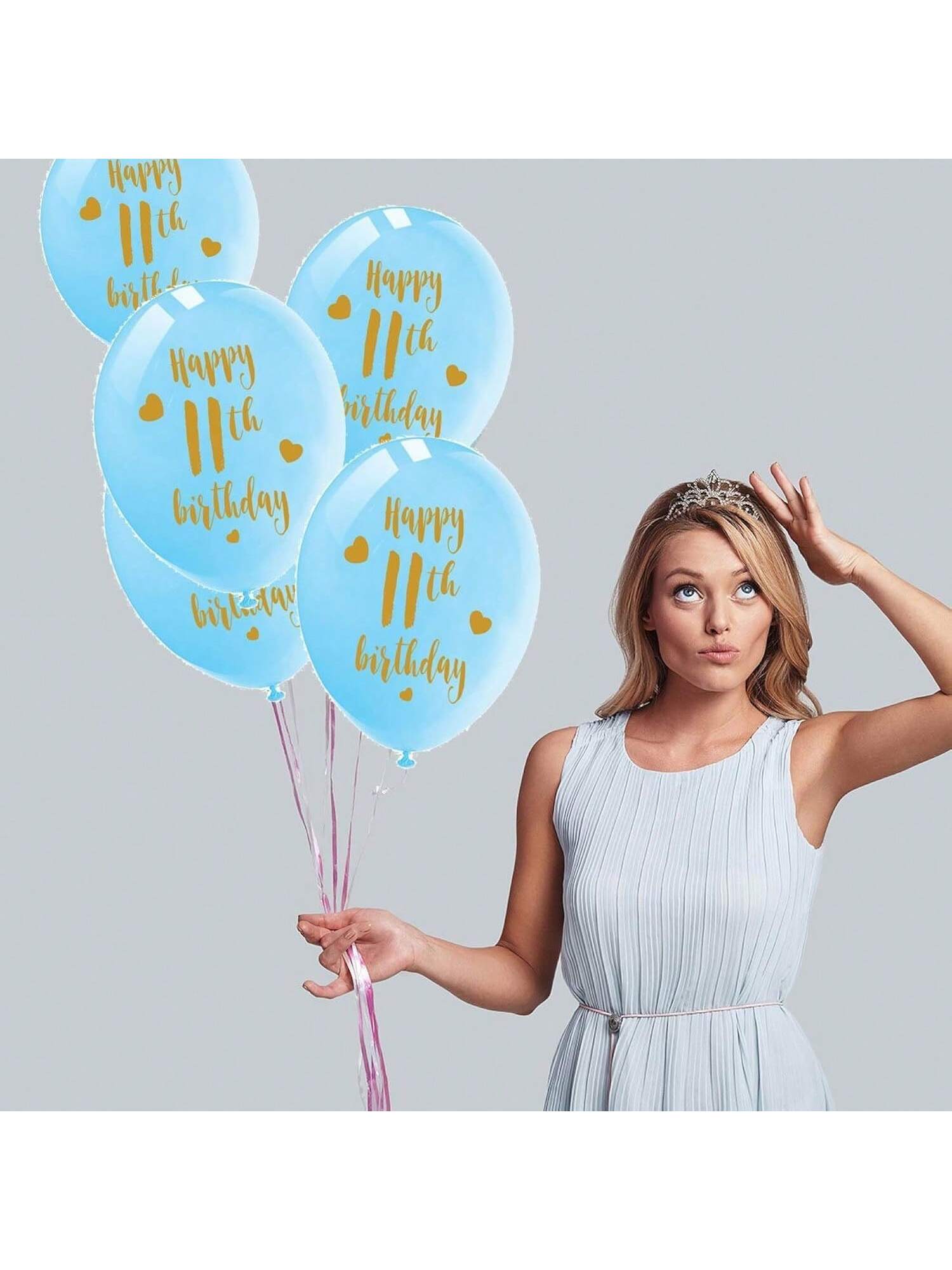 16PCS Blue 11th Birthday Latex Balloons with Gold Happy Birthday Decor