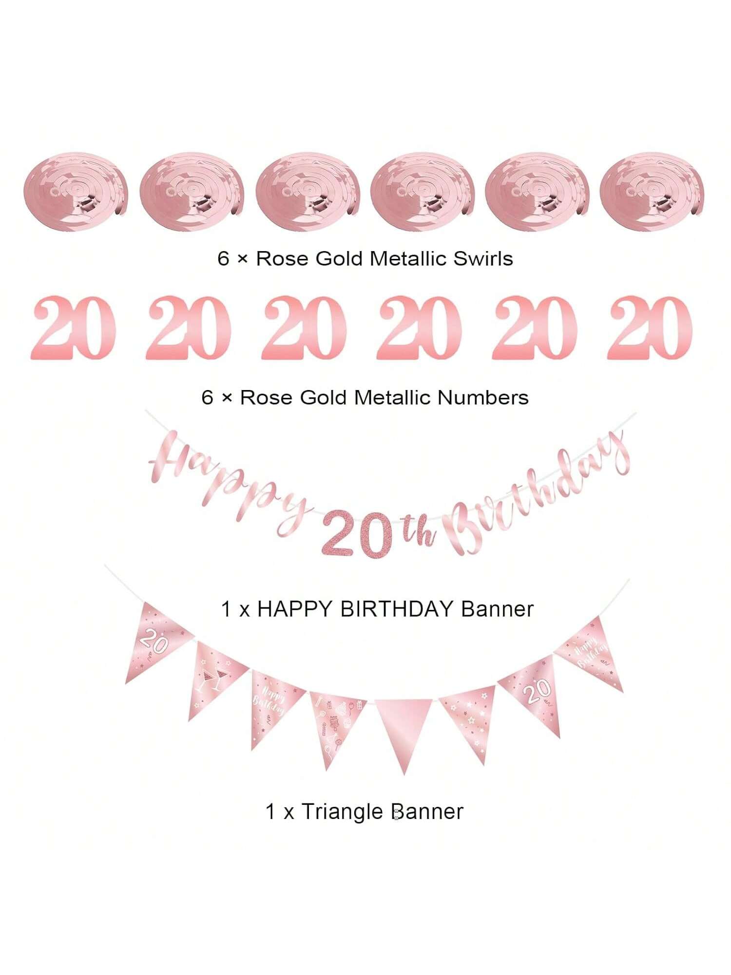 20th Birthday Decoration Kit for Women with Banner, Bunting, and Streamers Rose Gold