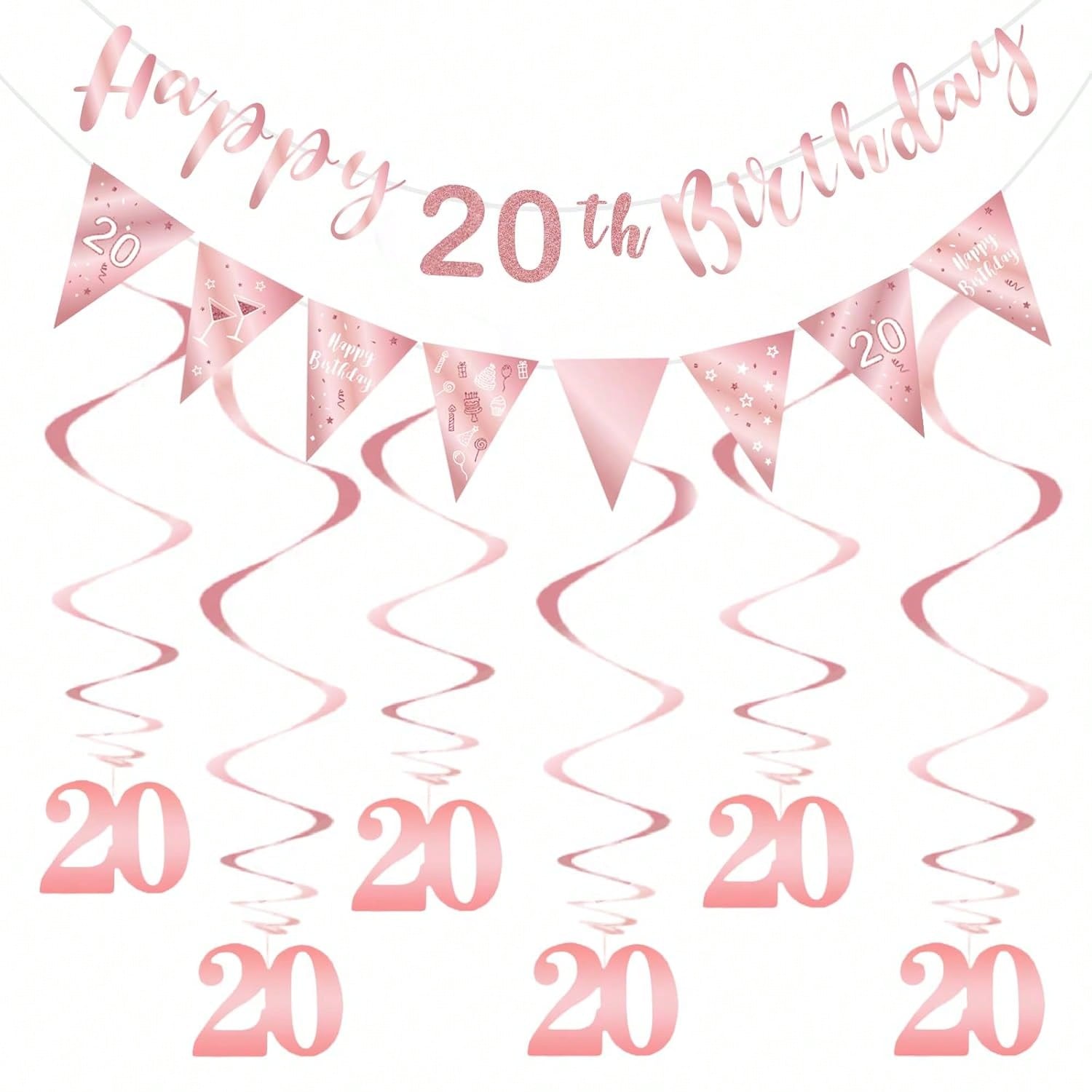 20th Birthday Decoration Kit for Women with Banner, Bunting, and Streamers Rose Gold