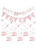 20th Birthday Decoration Kit for Women with Banner, Bunting, and Streamers Rose Gold