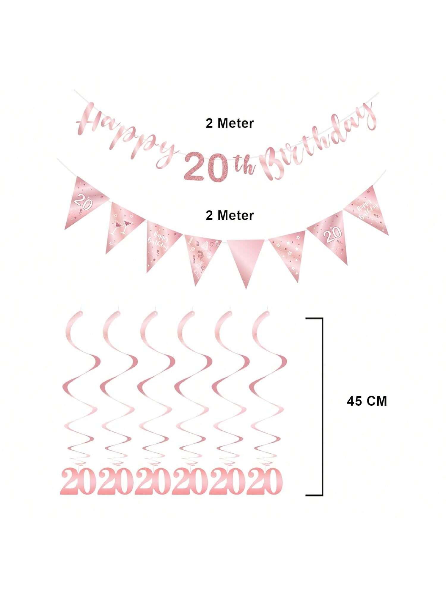 20th Birthday Decoration Kit for Women with Banner, Bunting, and Streamers Rose Gold