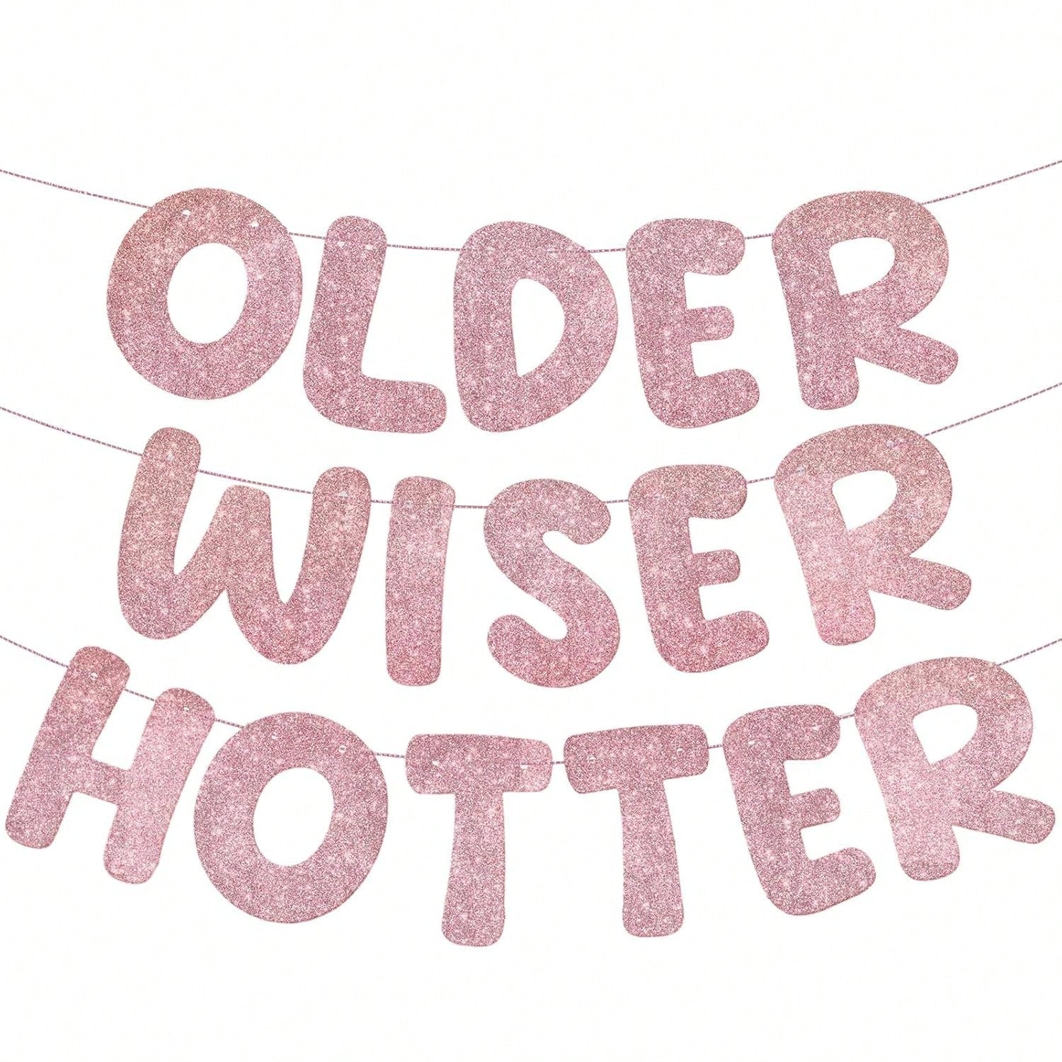 Set of 3 Rose Gold Glitter Older Wiser Hotter Birthday Banner for Women