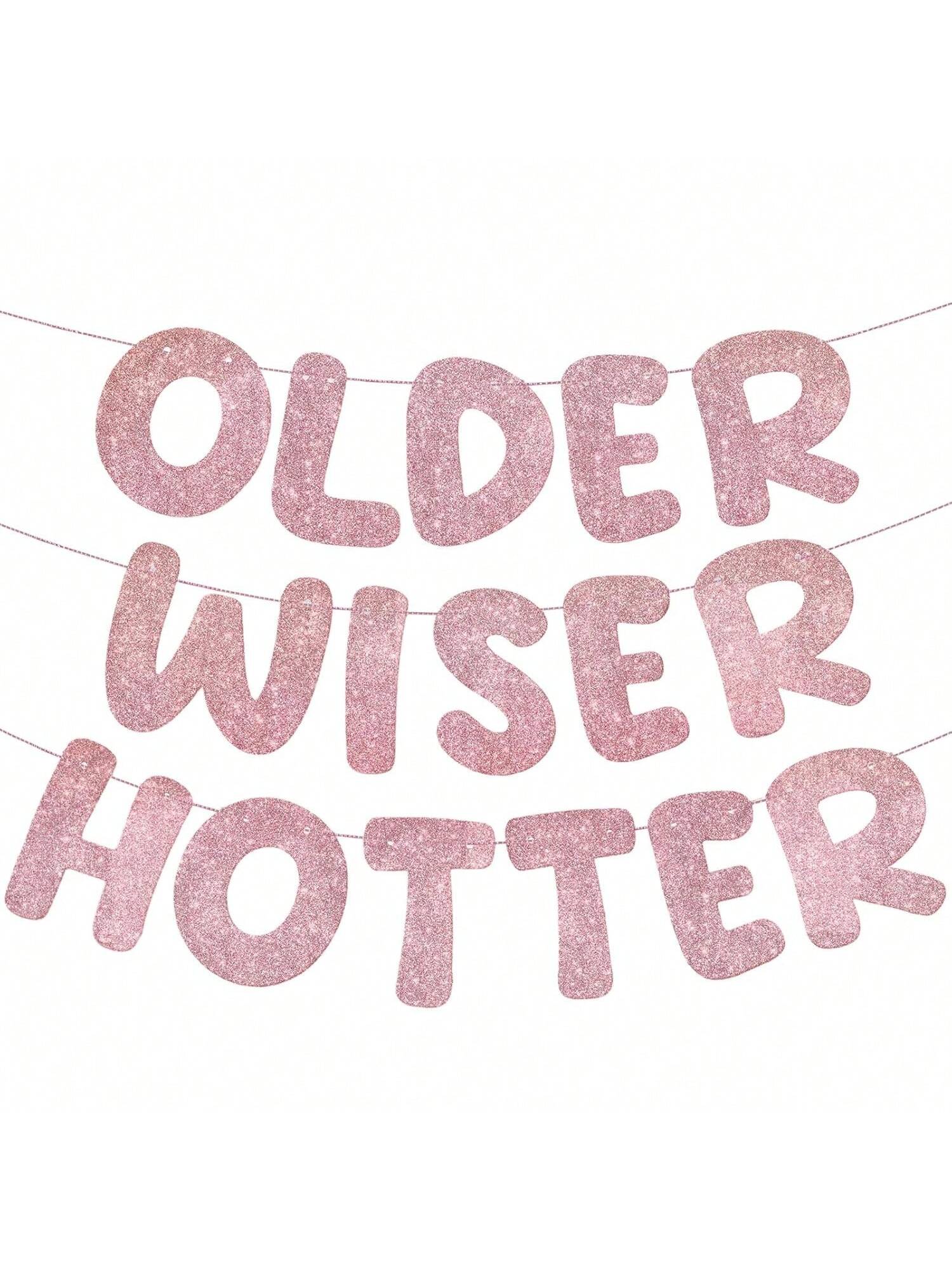 Set of 3 Rose Gold Glitter Older Wiser Hotter Birthday Banner for Women