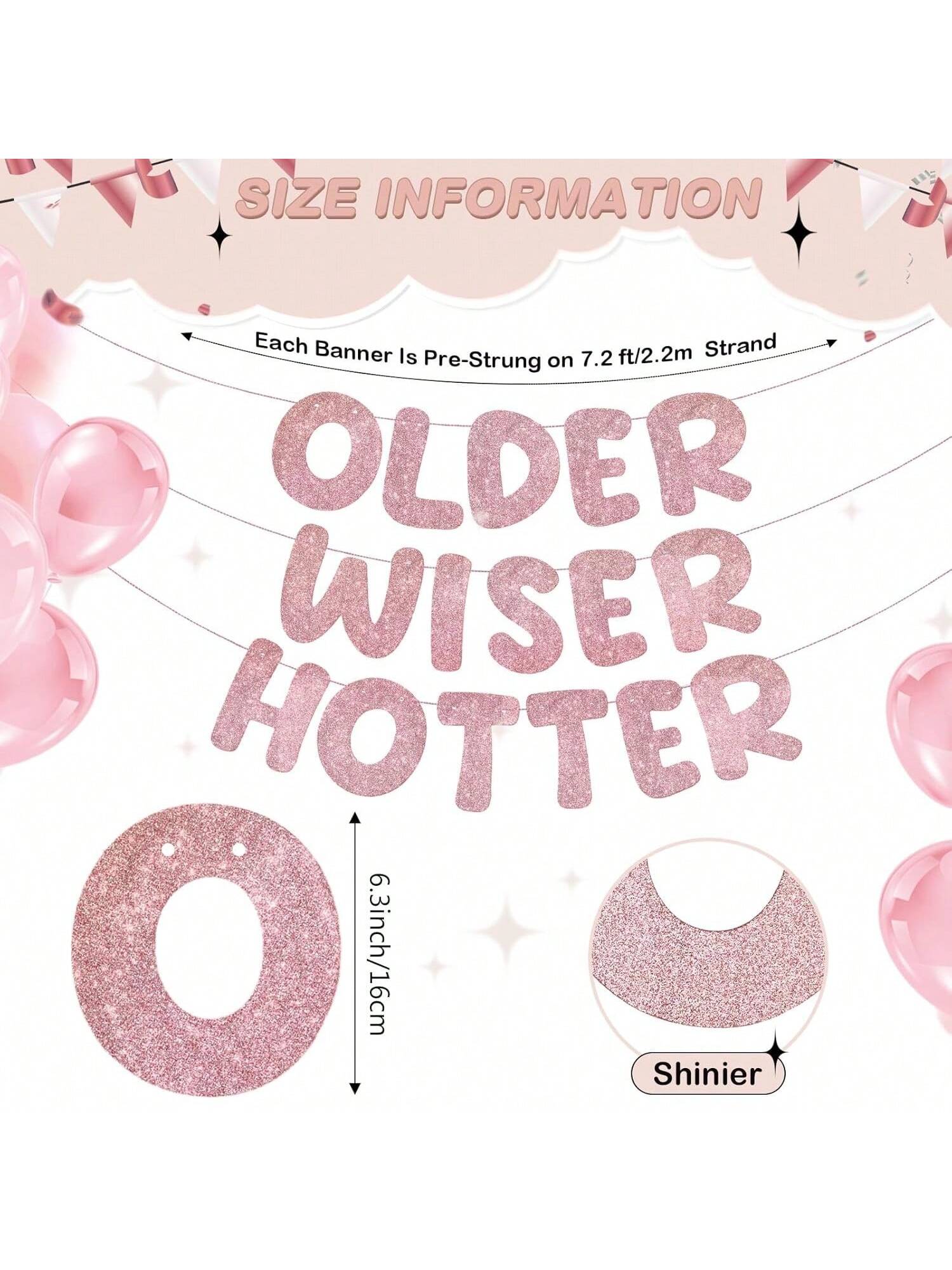 Set of 3 Rose Gold Glitter Older Wiser Hotter Birthday Banner for Women