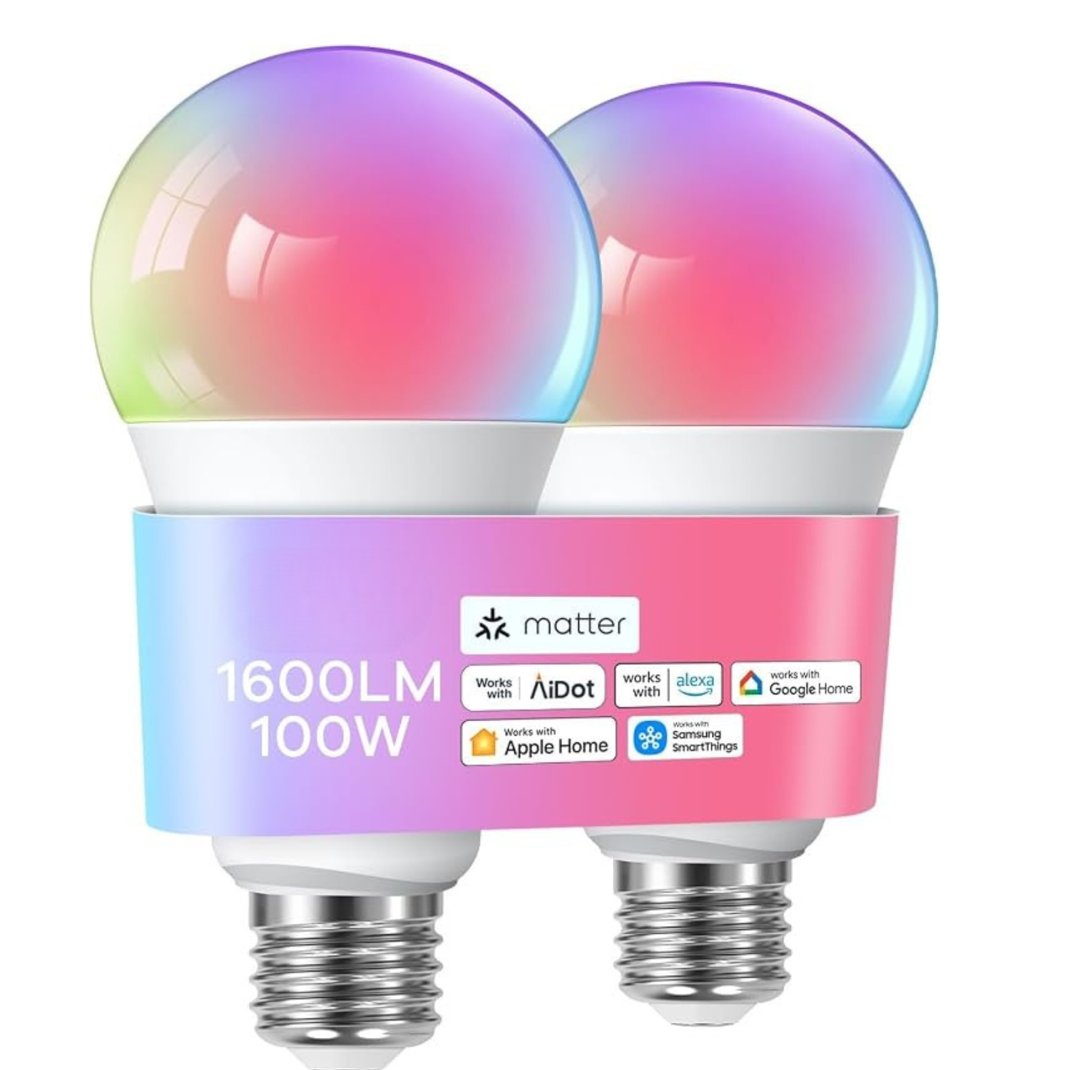 Matter Smart Light Bulbs A21 2 Pack 1600LM 100W Equivalent RGB Color Changing WiFi Bulbs