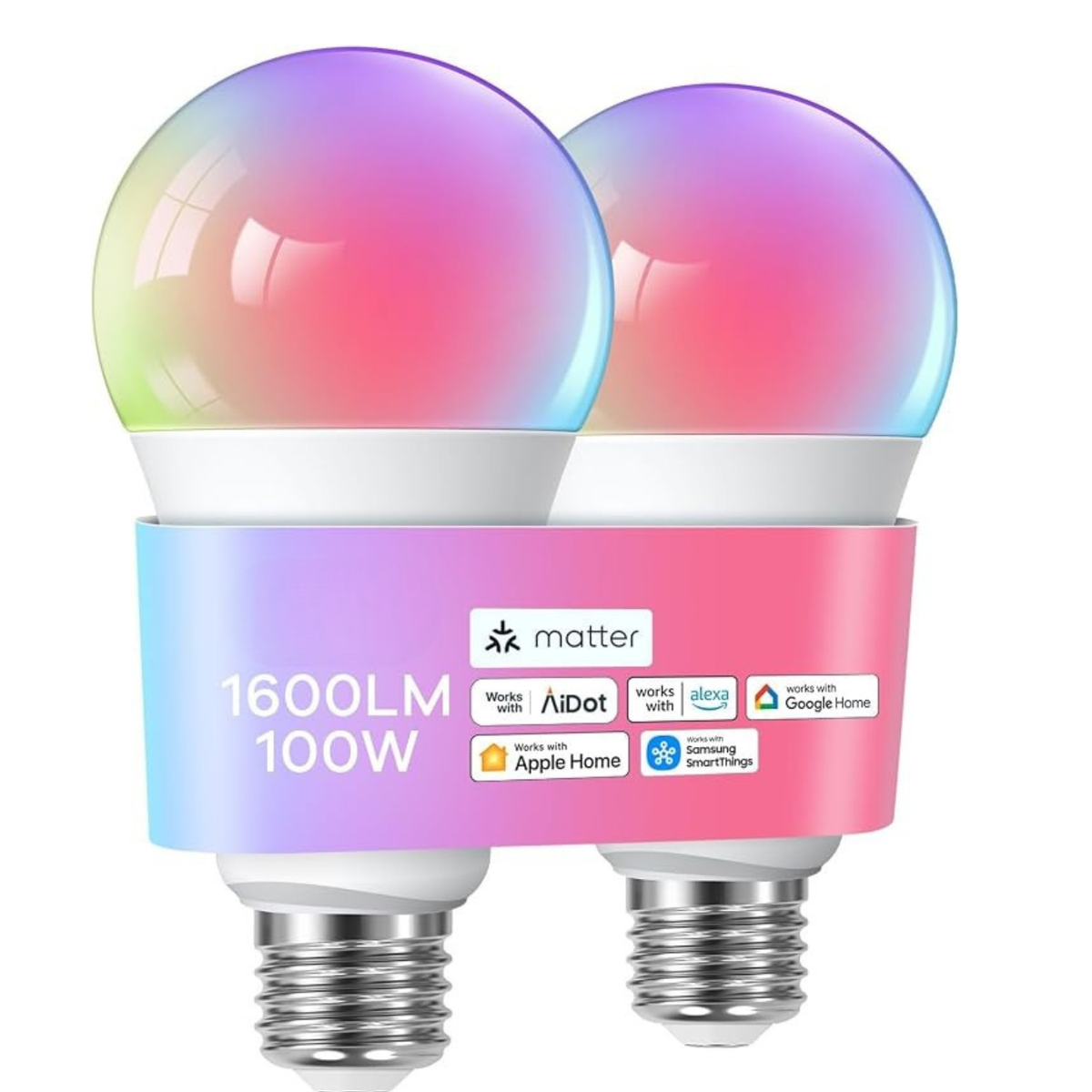 Matter Smart Light Bulbs A21 2 Pack 1600LM 100W Equivalent RGB Color Changing WiFi Bulbs