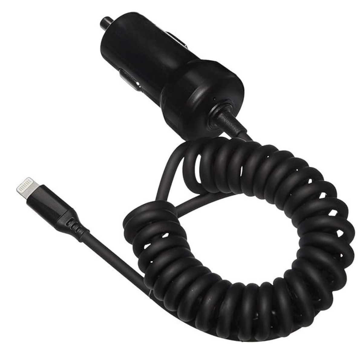 12W Fast Car Charger with Coiled Lightning Cable MFi Certified for iPhone iPad Apple Devices Black