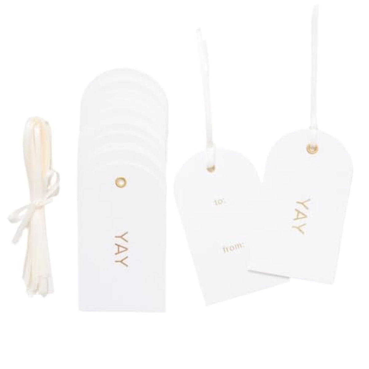 Letterpress Gift Tags, Gold Foil, Yay, To And From, Set Of 25 Paper Tags With Satin Ribbon
