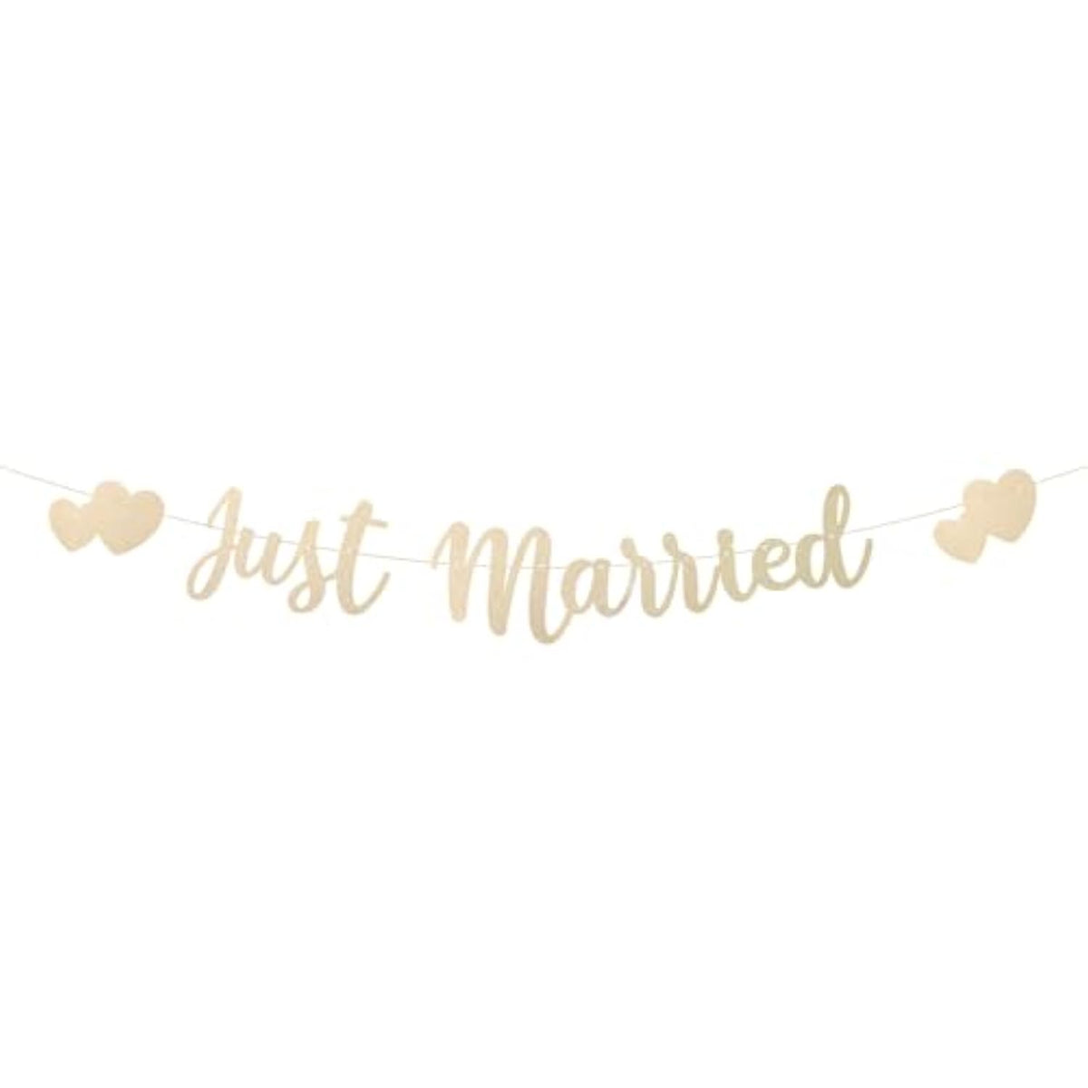 Just Married Banner, Pre-Strung Hearts Wedding Banner Just Married Bunting Sign Mr And Mrs Decor Garland For Wedding Bridal Shower Bachelor Reception Ceremony Party Car Decoration (Champagne Gold)