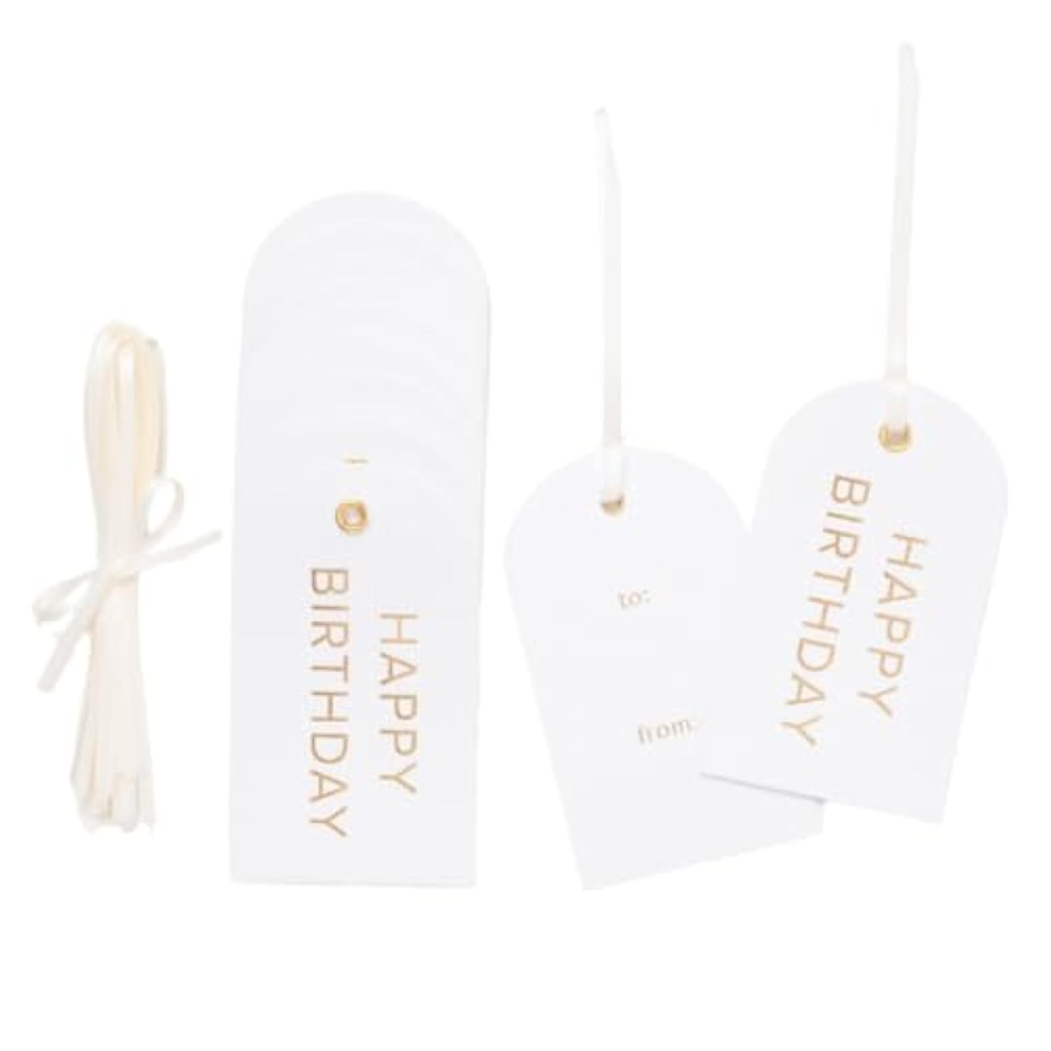 Letterpress Gift Tags, Gold Foil, Happy Birthday, To And From, Set Of 25 Paper Tags With Satin Ribbon